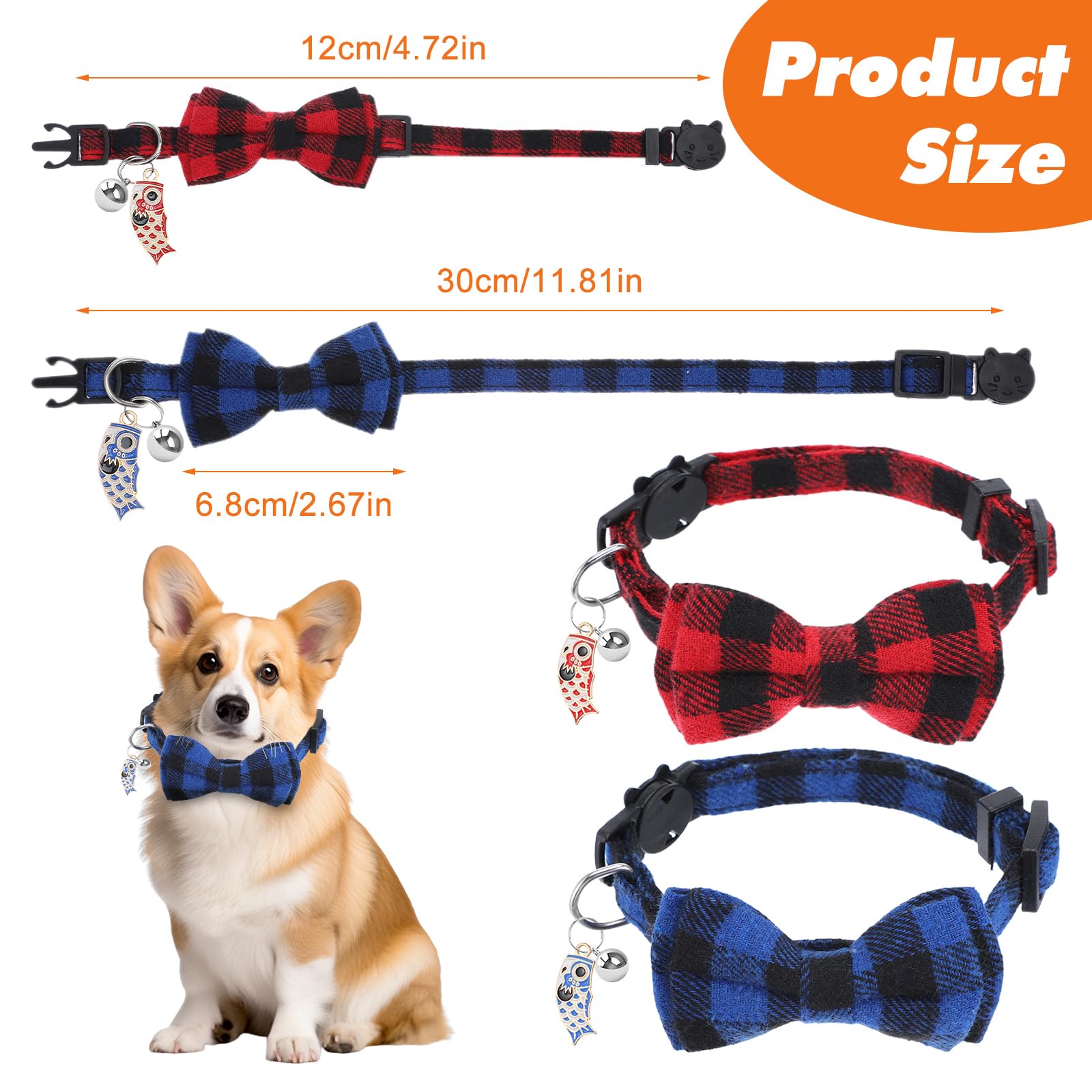 4Pcs Classic Plaid Cat Collars with Bells, Breakaway Kitten Collar - Image 2