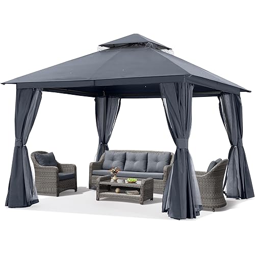 ABCCANOPY Outdoor Patio Gazebo 9x9 - Double Roof Canopy with Mosquito Netting and Curtain for Backyard, Deck, Garden, Lawn, Dark Grey