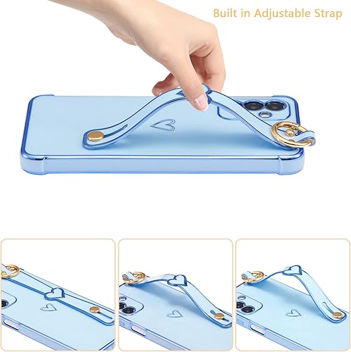 Vista 228 de ZTOFERA Funda para Samsung Galaxy S22 Plus 5G con correa para la muñeca, bonito borde chapado de lujo, patrón de corazones de amor para niñas y Azul