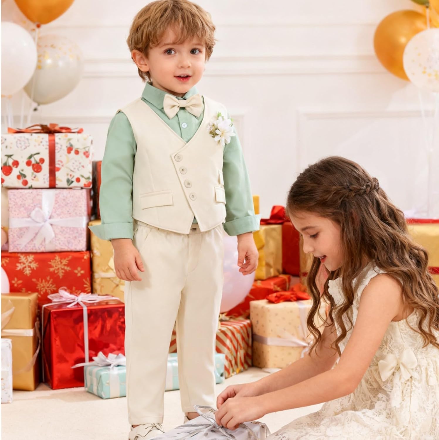 Baby Suits for Boys Formal Gentleman Wedding Christmas Outfits Dress Shirt Suspender Pants Bowtie Vest Corsage 18M-5T - Image 3