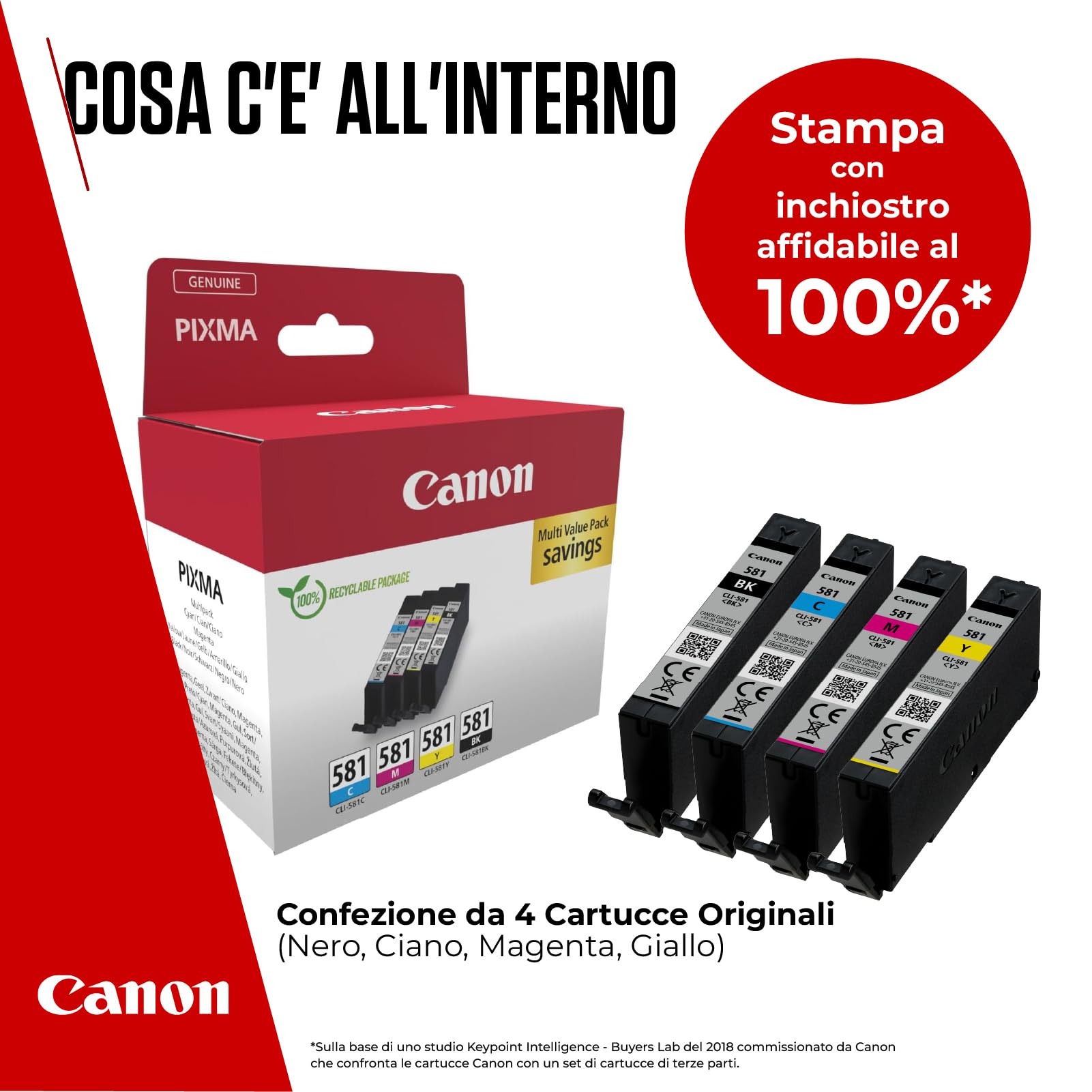 Canon CLI-581 C M Y BK Confezione da 4 Cartucce d'inchiostro (Nero Ciano Magenta Giallo) Originale Canon, Imballaggi in Plastica Obsoleti 2018