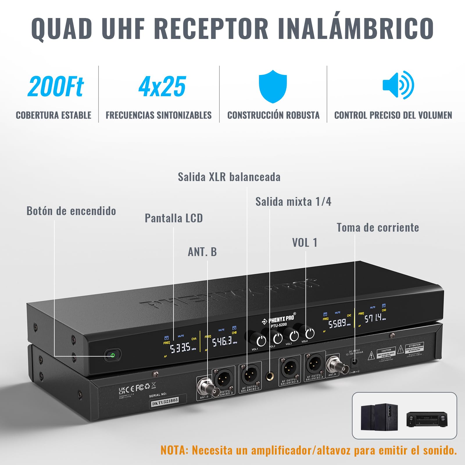 Phenyx Pro Sistema de Micrófono Inalámbrico 4 Canales PTU-5200-2H2B | 2 Mics de mano dinámicos, 2 bodypacks, Mics de diadema/solapa, 4 x 25 frecuencias, Alcance 200 ft, Karaoke