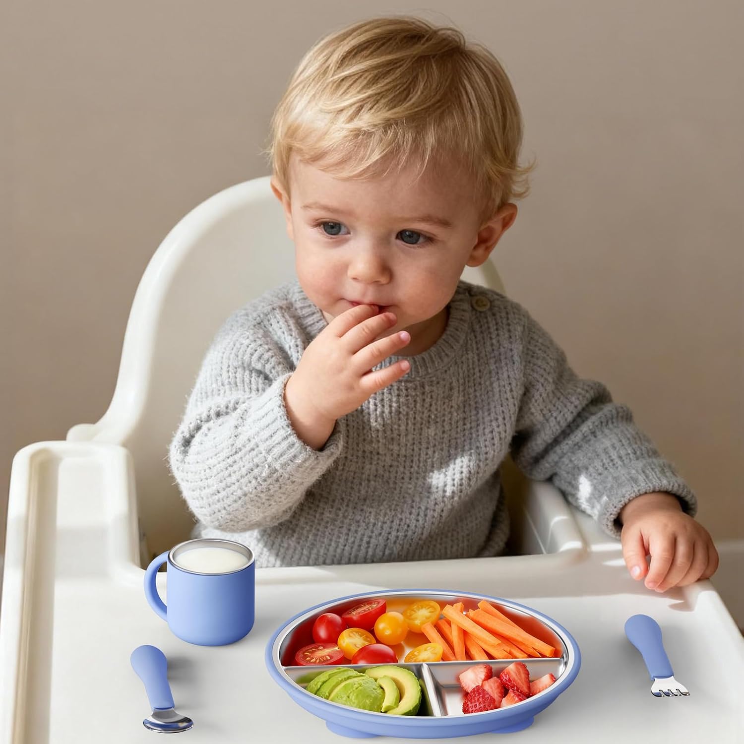 Bakpoco Stainless Steel Suction Plates for Toddlers, 8" Divided Kids Baby Plates with Removable Silicone Suction, Non Toxic Non Slip Portion Control Snack Dishes 3 Packs, Blue Gray Navy image 2