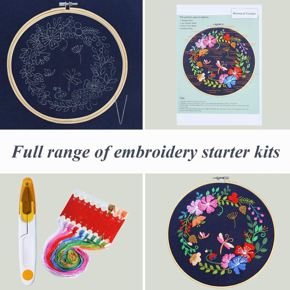 Pllieay Full Range Embroidery Starter Kit with Pattern and Instructions Including Embroidery Cloth with Botanical Garden Pattern, 20cm Bamboo Embroidery Hoop, Color Threads and Tools