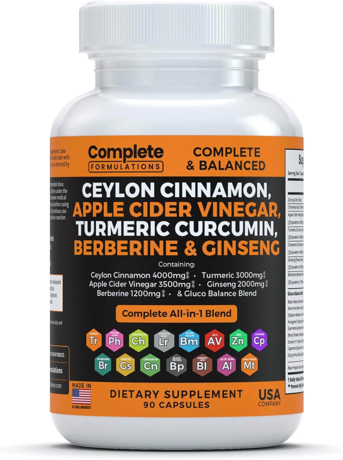 Ceylon Cinnamon Capsules 4000mg with Berberine 1200mg, Apple Cider Vinegar 3500mg, Turmeric Curcumin 3000mg, Ginseng 2000mg, Zinc, Milk Thistle, Bitter Melon, Fenugreek & More