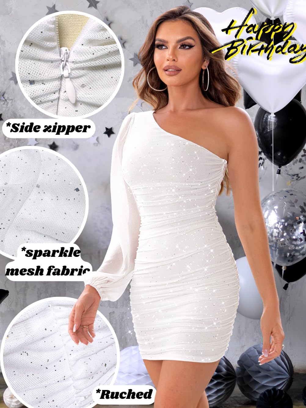 Sparkly Outfits for Women,One Shoulder Ruched Bodycon Short Prom Dress,Sexy Dresses Cocktail Homecoming Nye - Image 5