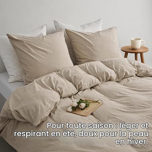 Duvetnova Housse de Couette 220x240 Coton Beige Ultra-Doux 100% Coton Pré-Lavé Structure Lin Oeko-TEX Grande Taille 1 Housse de Couette 220x240 + 2 Taies 80x80 avec Fermeture Éclair - 4