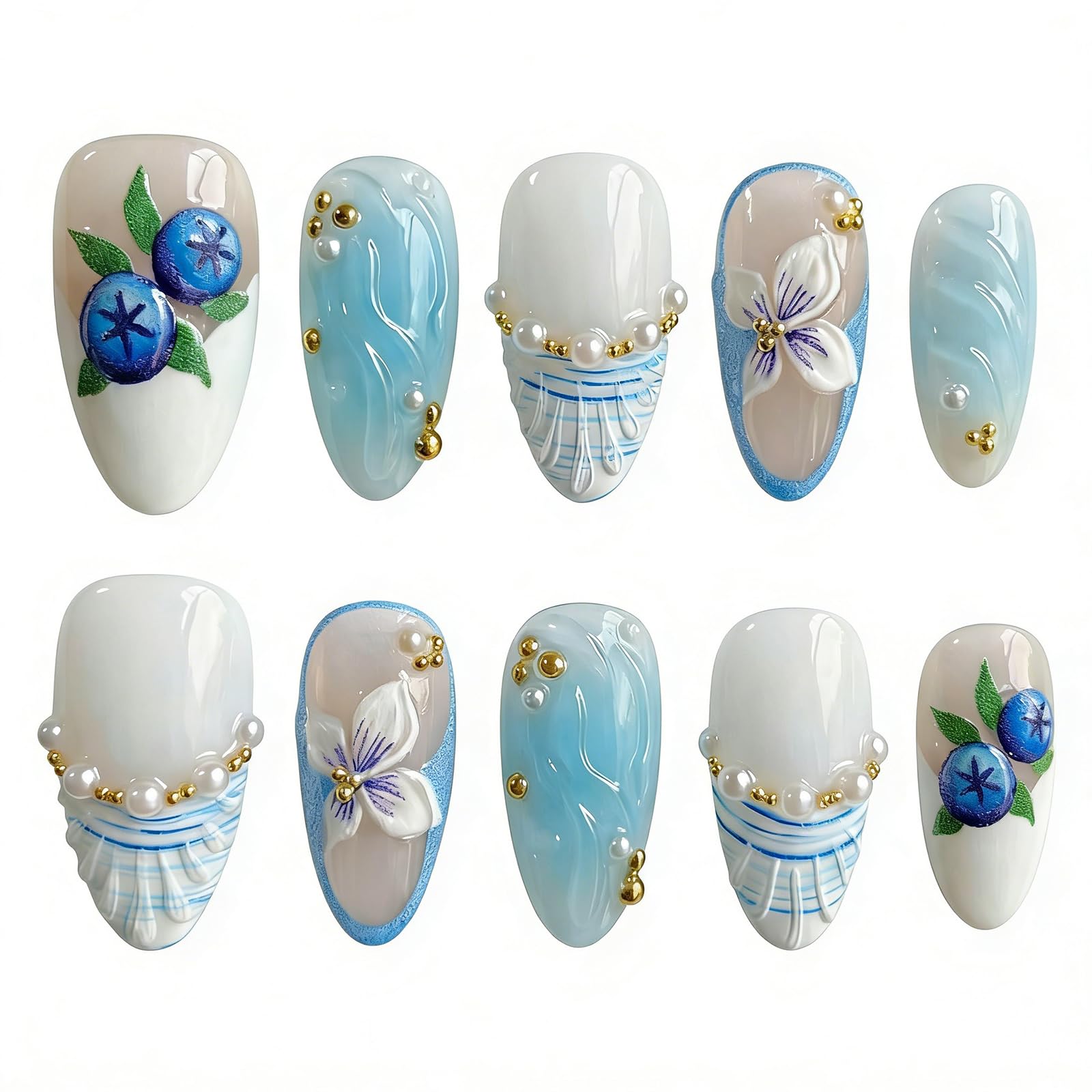30 pezzi 3D boho blu Press on Nails: design a mandorla oceano con conchiglia e perline, fiori in rilievo, unghie artificiali con cuscinetti adesivi e lima da donna.