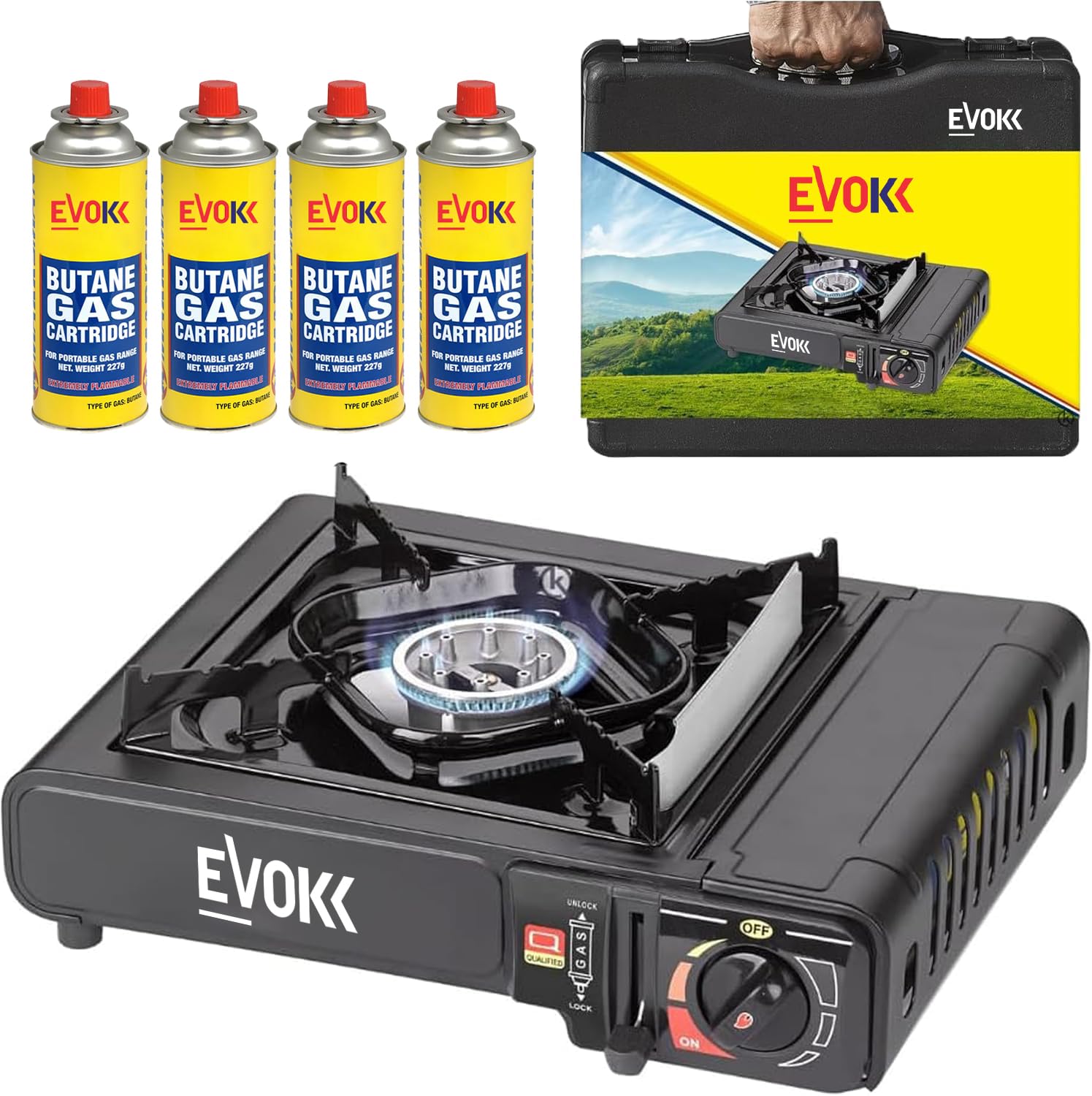 EVOKK Portable Gas Camping Stove with 4 Butane Canisters & Stove Case - Premium Camping Portable Gas Stove with Automatic Ignition and Heat Control - Gas Cooker and Camp Stove for Outdoor Cooking
