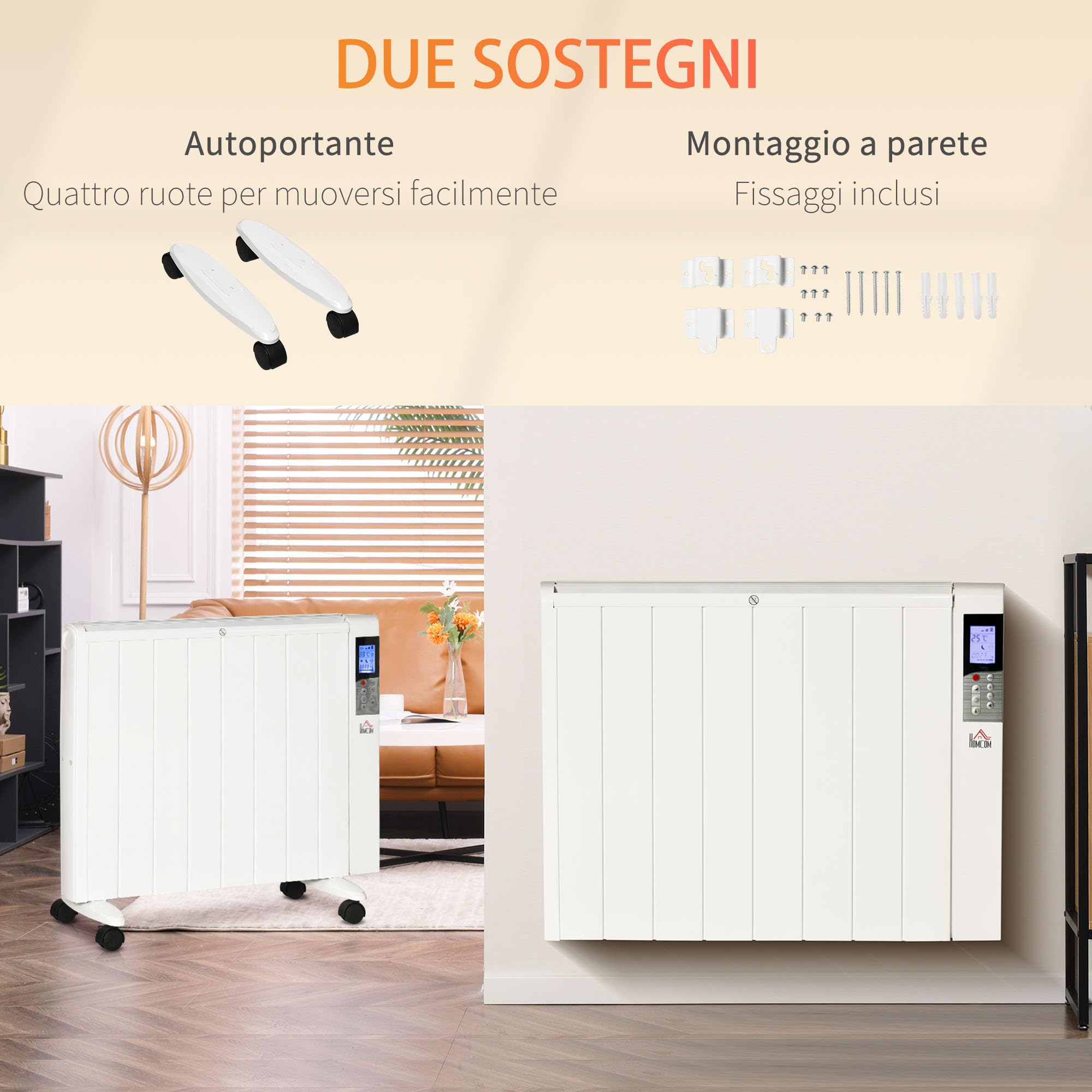 HOMCOM Stufetta Elettrica Basso Consumo Portatile 75x31x66.5 cm Bianco | 1000/2000W Termoventilatore a Terra e Parete, Termoconvettore con Telecomando, Antiribaltamento e Anti-Surriscaldamento