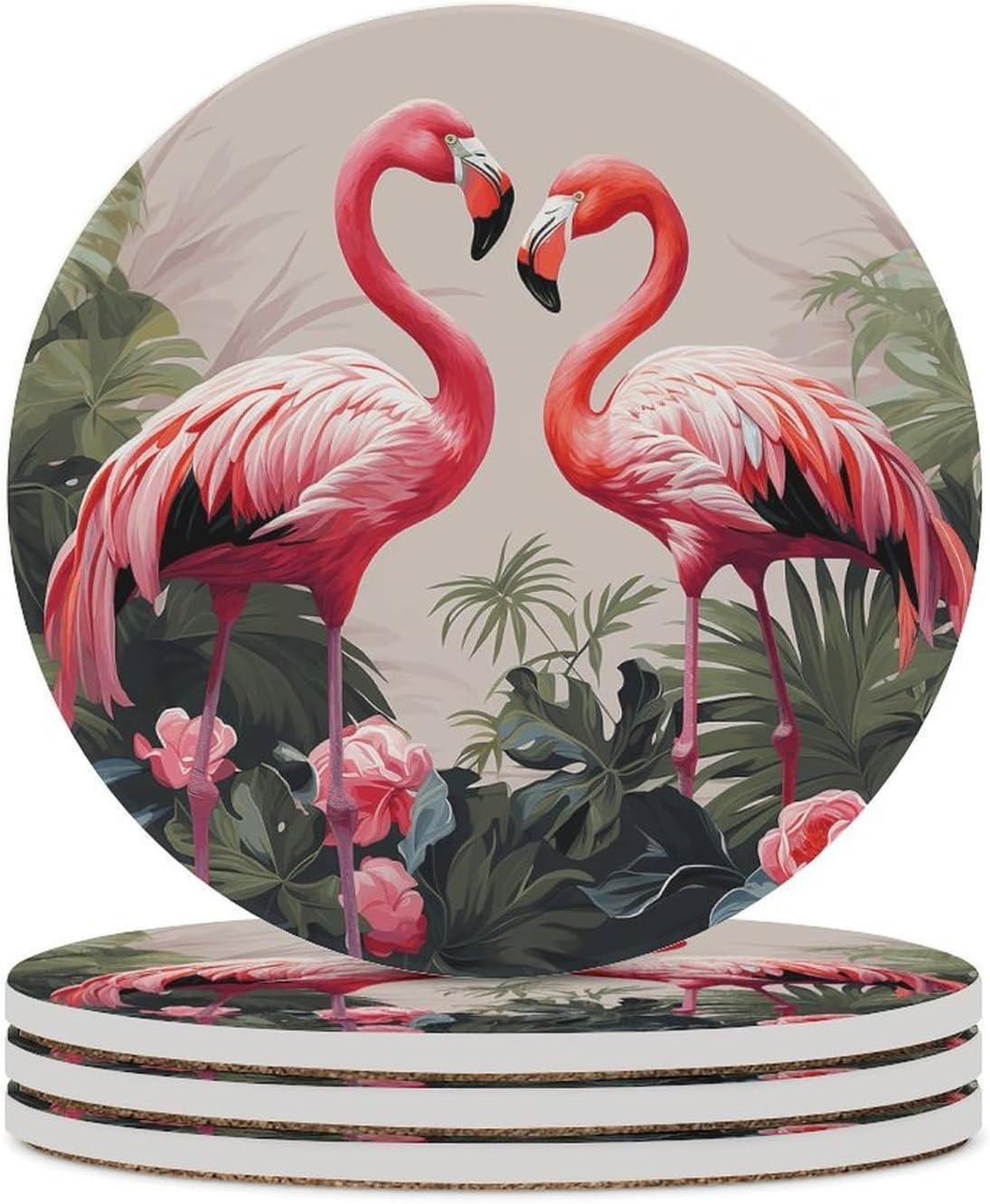 6PCS Flamingo Birds on Background Coasters Non-Slip Round Drink Coasters with Ceramic Stone and Cork Base, Heat Resistant Absorbent 33.00Stone Coaster Set for Kinds of Mugs and Cups, 4 Inch
