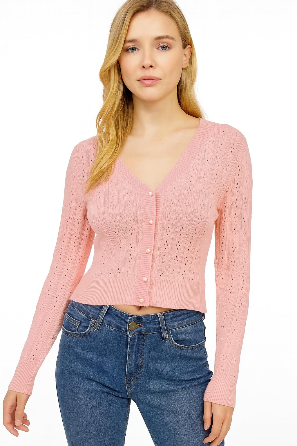 icw Women’s Knitted Eyelet Cropped Cardigan – Long Sleeve V-Neck Button Down Sweater DNMX043-picture-33