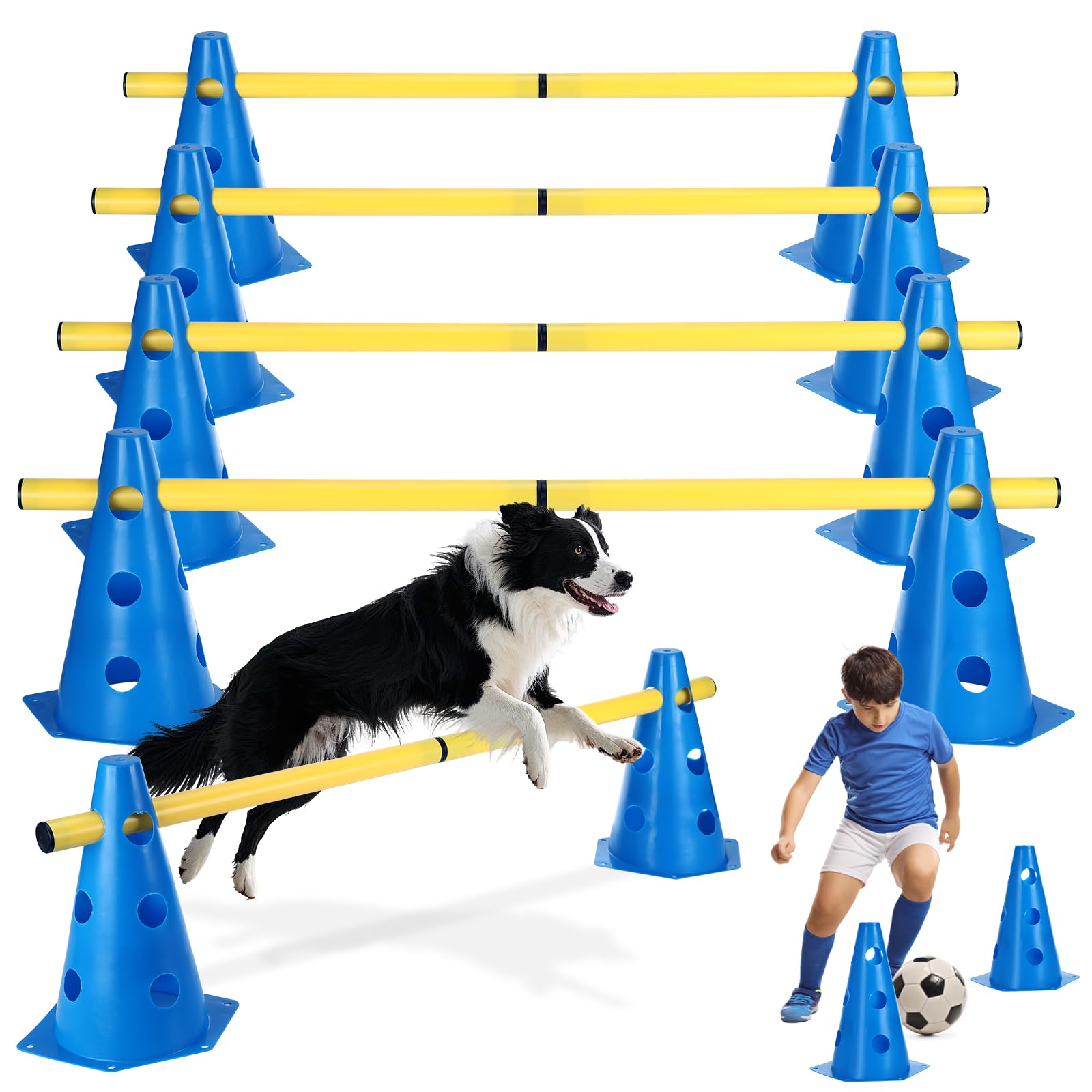 Juego de Agilidad para Perros, 8 Conos (24cm) + 4 Barras (81cm), Juego de Obstáculos Niños, Set de Obstáculos Ajustable en Altura para Entrenamiento Canino, Fútbol y Coordinación