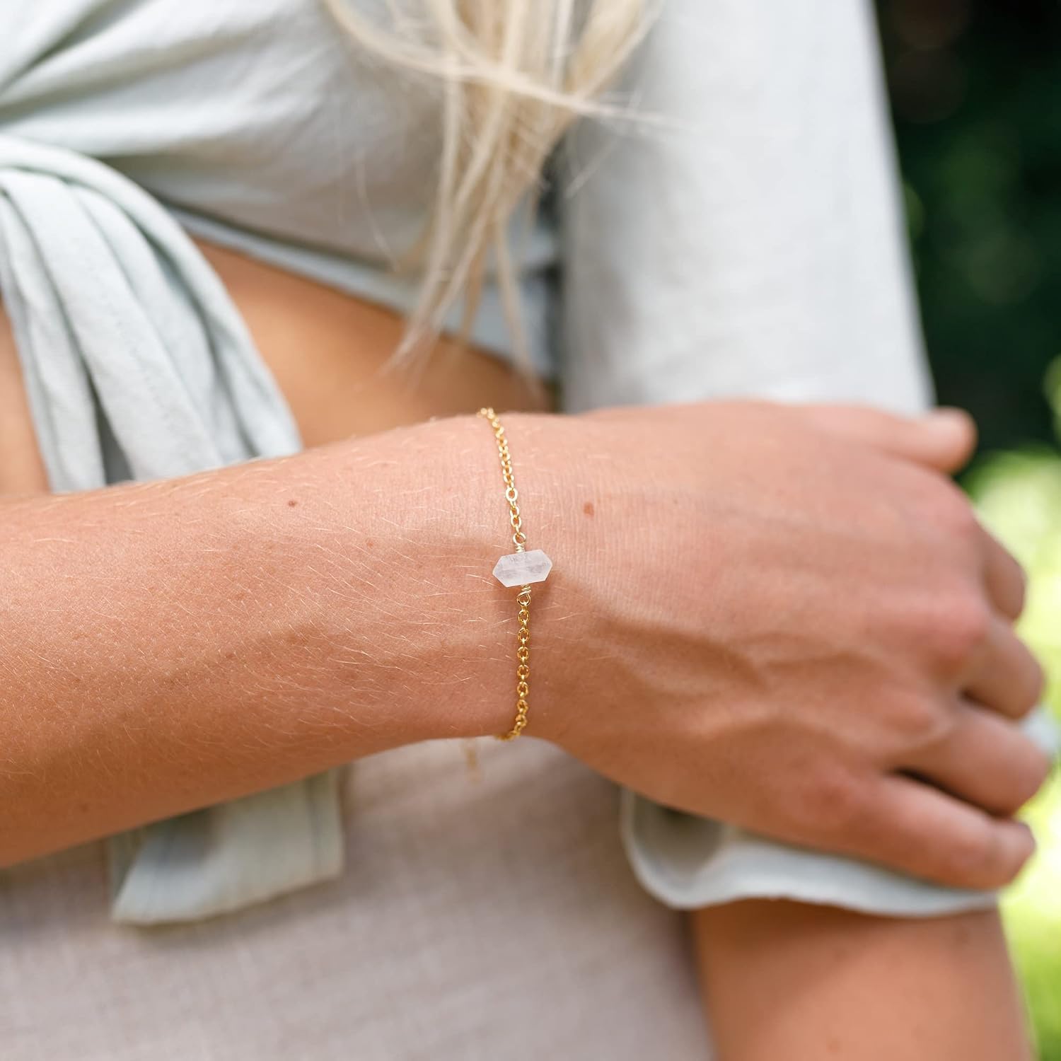 Rainbow Moonstone Double Terminated Crystal Bracelet in 14k Gold Fill