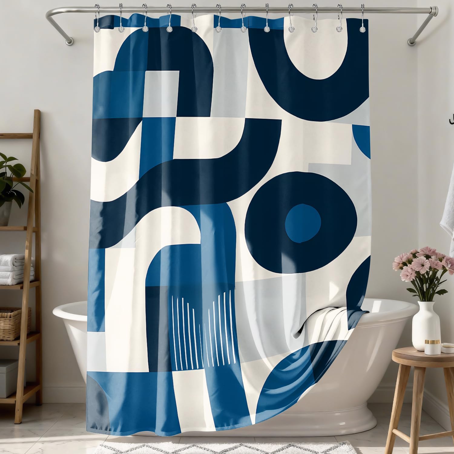 Shower Curtain Navy Blue Geometric Water Repellent Shower Curtain Set, with Hooks，Machine Washable, Modern Decorative Polyester Cloth Shower Curtains for Bathroom-72x84 Inch