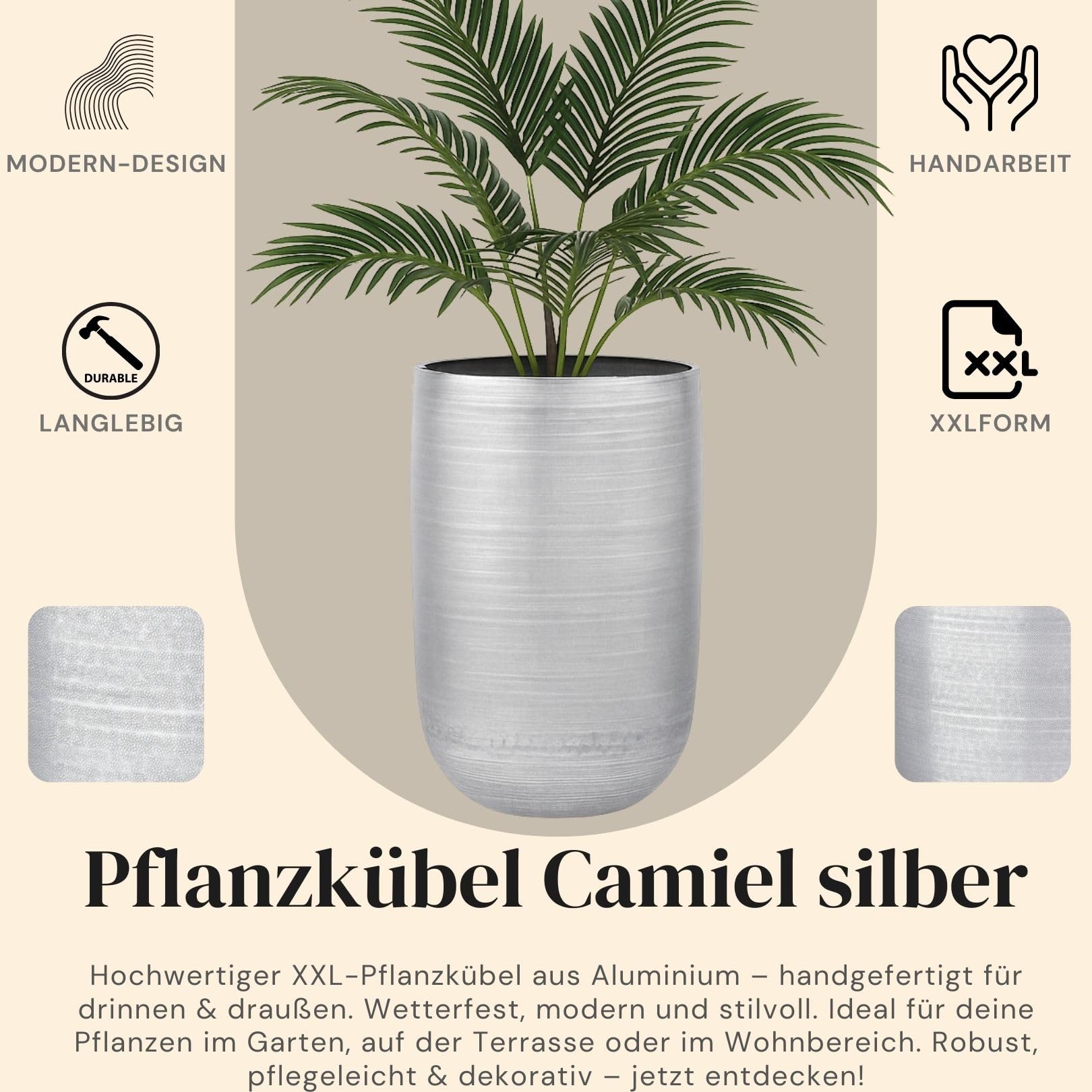 Marrakesch XXL aluminiowa donica na kwiaty, wazon podłogowy, 65 cm, srebrna, matowa | doniczka na rośliny, kolumna na kwiaty, 62 l, duża, okrągła, do użytku na zewnątrz i wewnątrz | doniczka na kwiaty