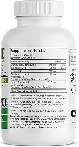 Miniatura 2 de Bronson Complejo de apoyo inmunológico de defensa de L-lisina 1500 mg de L-lisina más hoja de olivo, ajo, vitamina C y zinc, sin OMG, 90 cápsulas