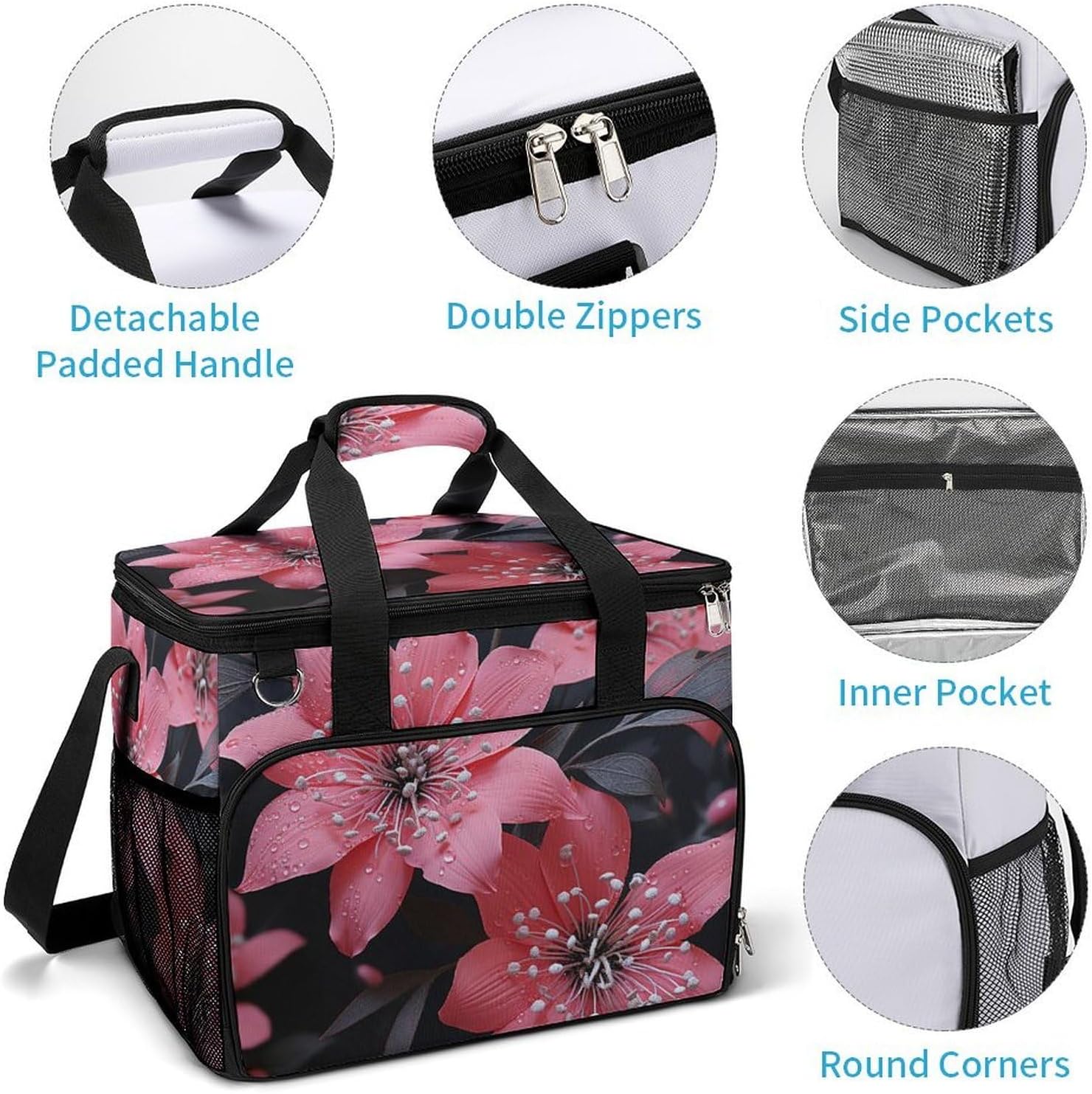 Large Capacity Oxford Cloth Pink and Black Flower Printed Camping Ice Bag, Outdoor Portable Insulation and Cooling Bag, Suitable for Outdoor Camping and Picnics