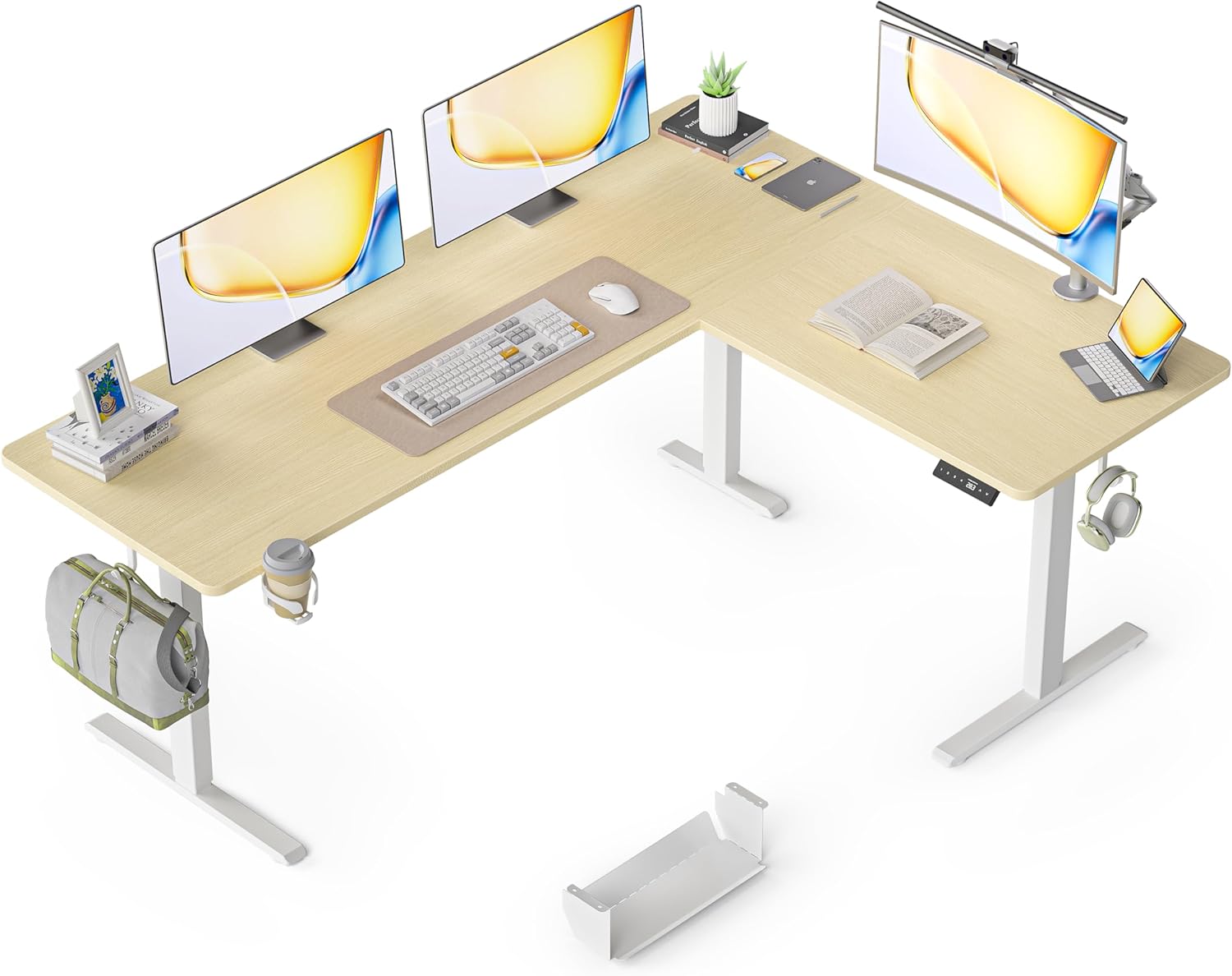 75X61 Inches Reversible L Shaped Standing Desk Height Adjustable, Electric Corner Computer Desk with Cup Holder, Sit Stand up Home Office Desk, Ergonomic Gaming Desk, Oak