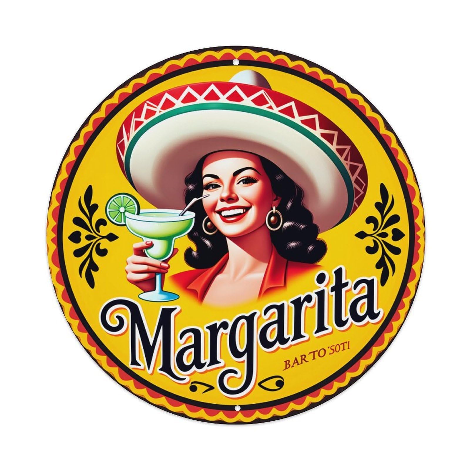 Mexican Woman With Sombrero Holding Cocktail Round Tin Sign Vintage Metal Poster, Home Bar Garage Man Cave Cafe Indoor & Outdoor Wall Decoration 8x8Inches