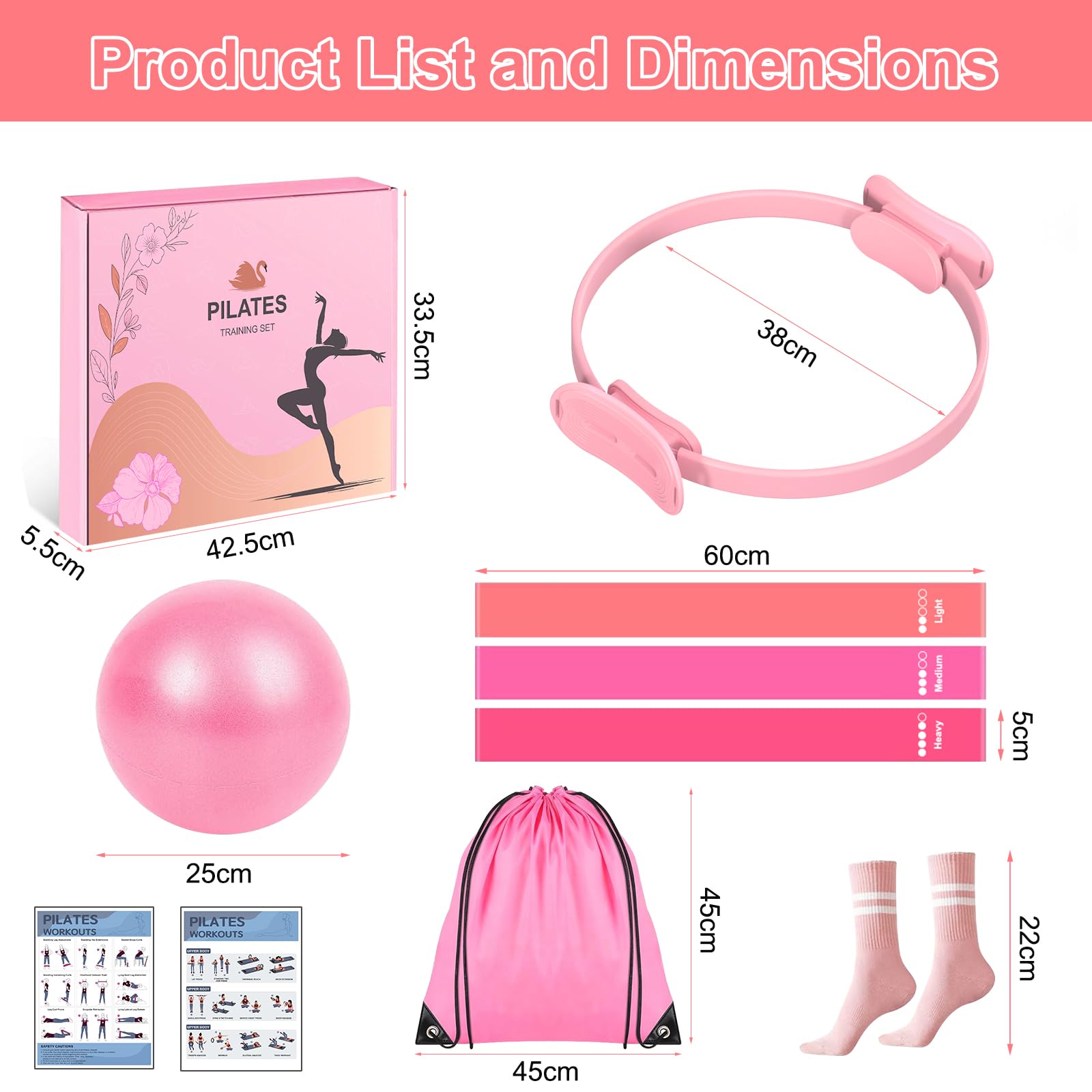 Juego de Equipo de Pilates para Mujer, Juego de Anillo y Pelota de Pilates, Equipo de Entrenamiento de Pilates en casa con Anillo Circular mágico de 15 Pulgadas y Bandas de Resistencia, un