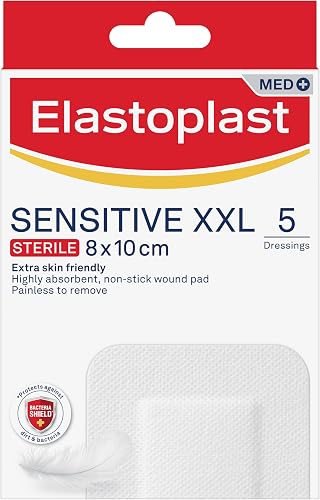 Elastoplast Sensitive XXL, Sterile, for Post-Operative Wounds, Extra Skin Friendly, Highly Absorbent Plaster, 5 Strips, 8cm x 10cm