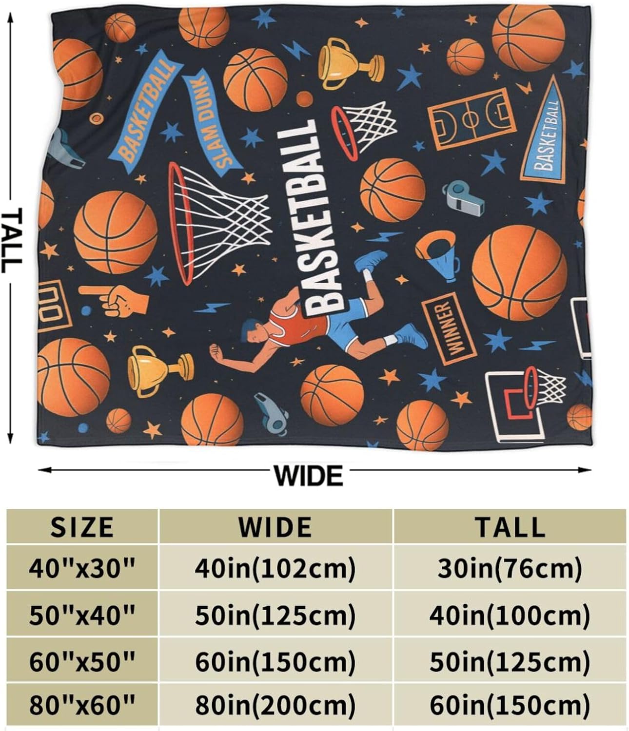 Basketball Blanket Super Soft Warm Fluffy Fleece Flannel Ball Sports Throw Blanket Cozy Fuzzy Plush Stuff Bedding Blankets Gifts for Teens Boys Kids Women Girls Adults 50"X40"