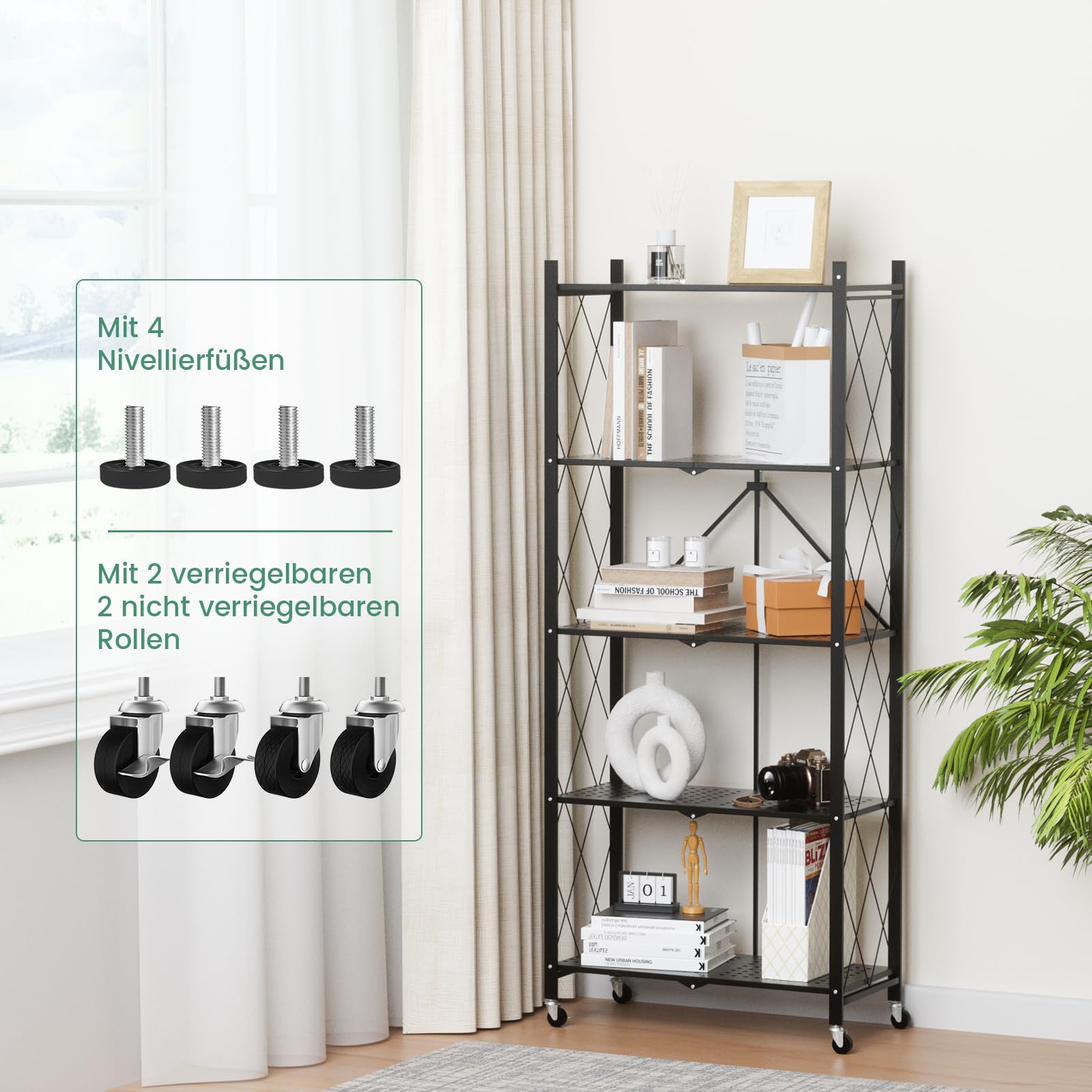 ALANNG Klappregal mit Rädern - Standregal mit 5 Ablagen, Bücherregal aus Metall - Montagefrei & Stabil - Für Küche, Wohnzimmer, Keller, Büro - Schwarz