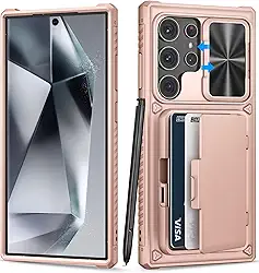 Capa para Samsung Galaxy S24 Ultra com suporte para cartão (loja de 4 a 5 cartões) e capa e suporte para lente deslizante, proteção contra quedas de nível militar, capa de telefone carteira à