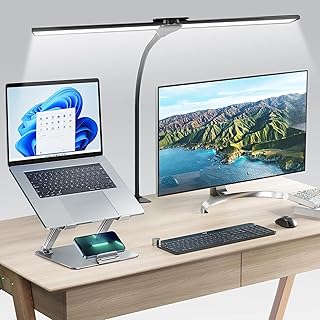 Kintion Led Desk Lamp for Home Office, Computer Monitor Flexible Gooseneck Smart Light, 1400 Lumens Dual Headed Architect Desk Lamp with Clamp, 25 Light Modes, 25“ Super Bright Extra Wide Table Light