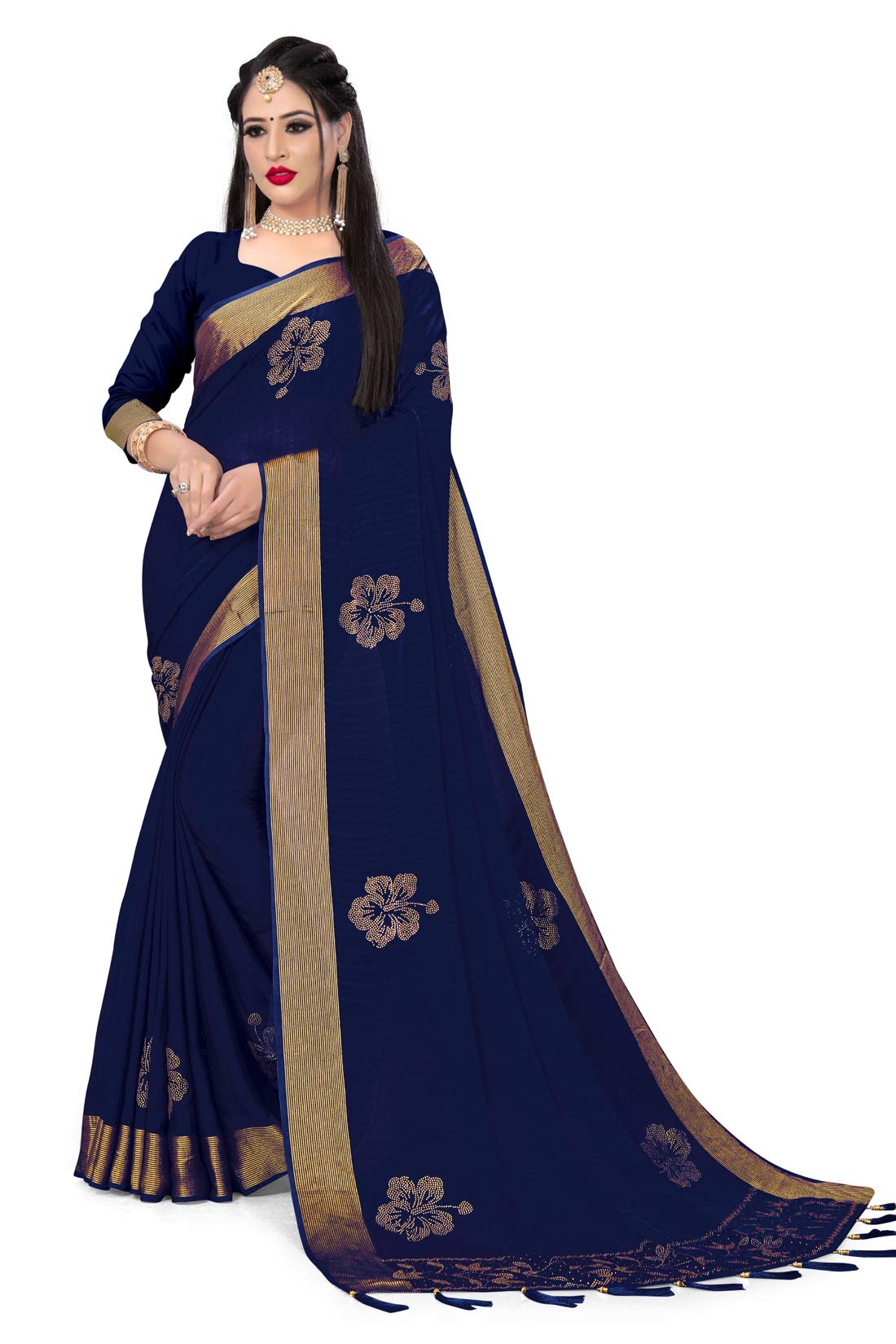Kad Creations Indian Navy Blue Heavy Siroski Stone Work Satin Silk Saree for women