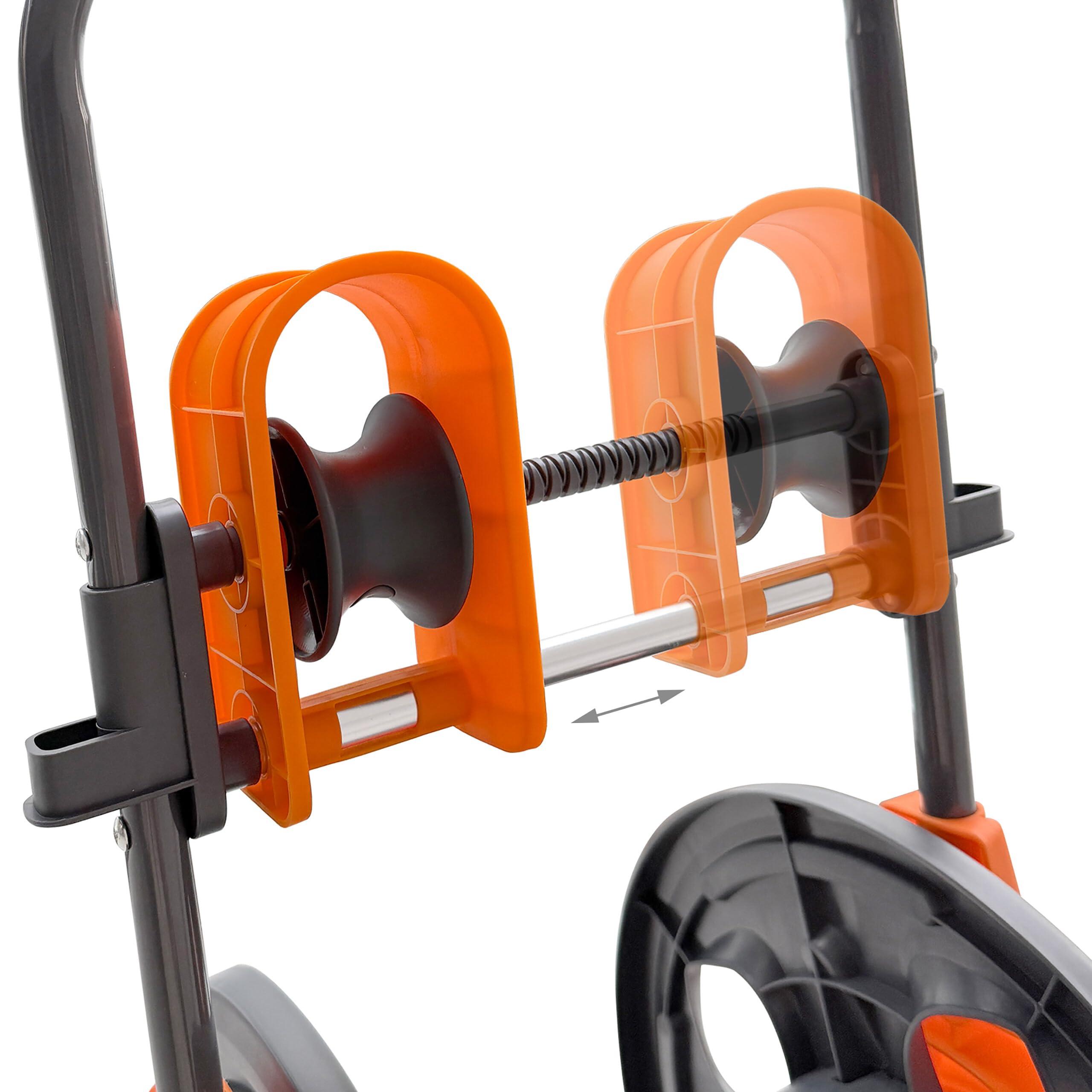Relaxdays Chariot dévidoir 60 m, raccord à clic, Guide-Tuyau, 2 Roues, métal/Plastique, Gris/Orange, 86 x 41 x 37 cm