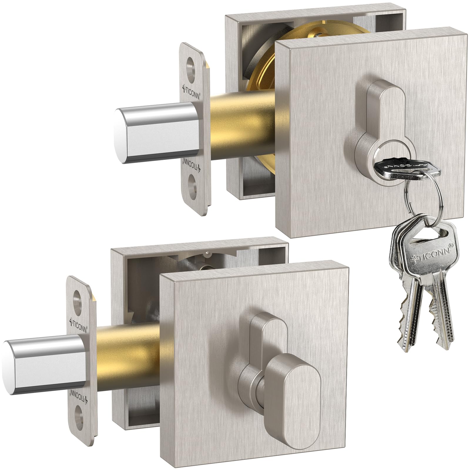 TICONN Door Handle Heavy Duty, Reversible Square Door Lever for Bedroom, Bathroom and Rooms (Deadbolt Only, 2 Pack, Satin Nickel)