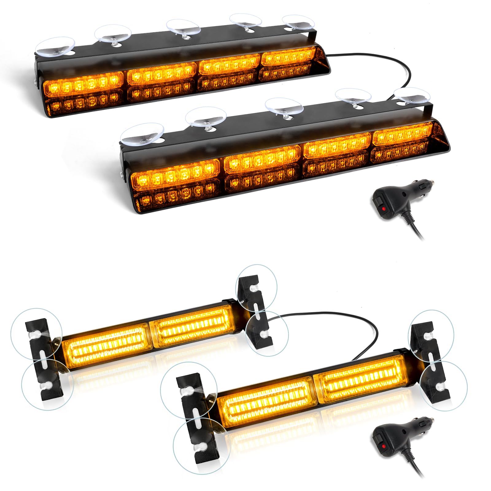 HLauto Bundle-2 items: 6Z4J Emergency Dash Strobe Lights, 2x16.8 inch Amber Safety Lights + 1002L 40LED Emergency Strobe Traffic Advisor Light Bar, 2x10.7inch Amber Warning Flashing Light