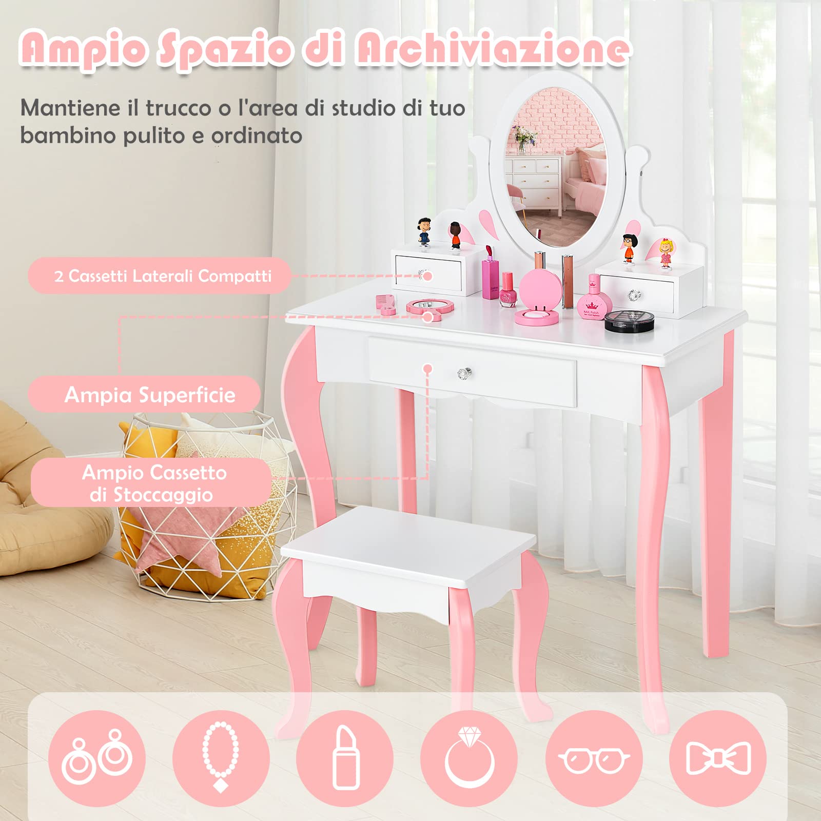 COSTWAY Toeletta Trucco 2 in 1 per Bambina, Specchiera Staccabile per Ragazza in Legno con Sgabello, Portapenni, Cassetto e Specchio Girevole a 360°, Postazione Trucco, 70 x 34 x 105cm (Bianco)