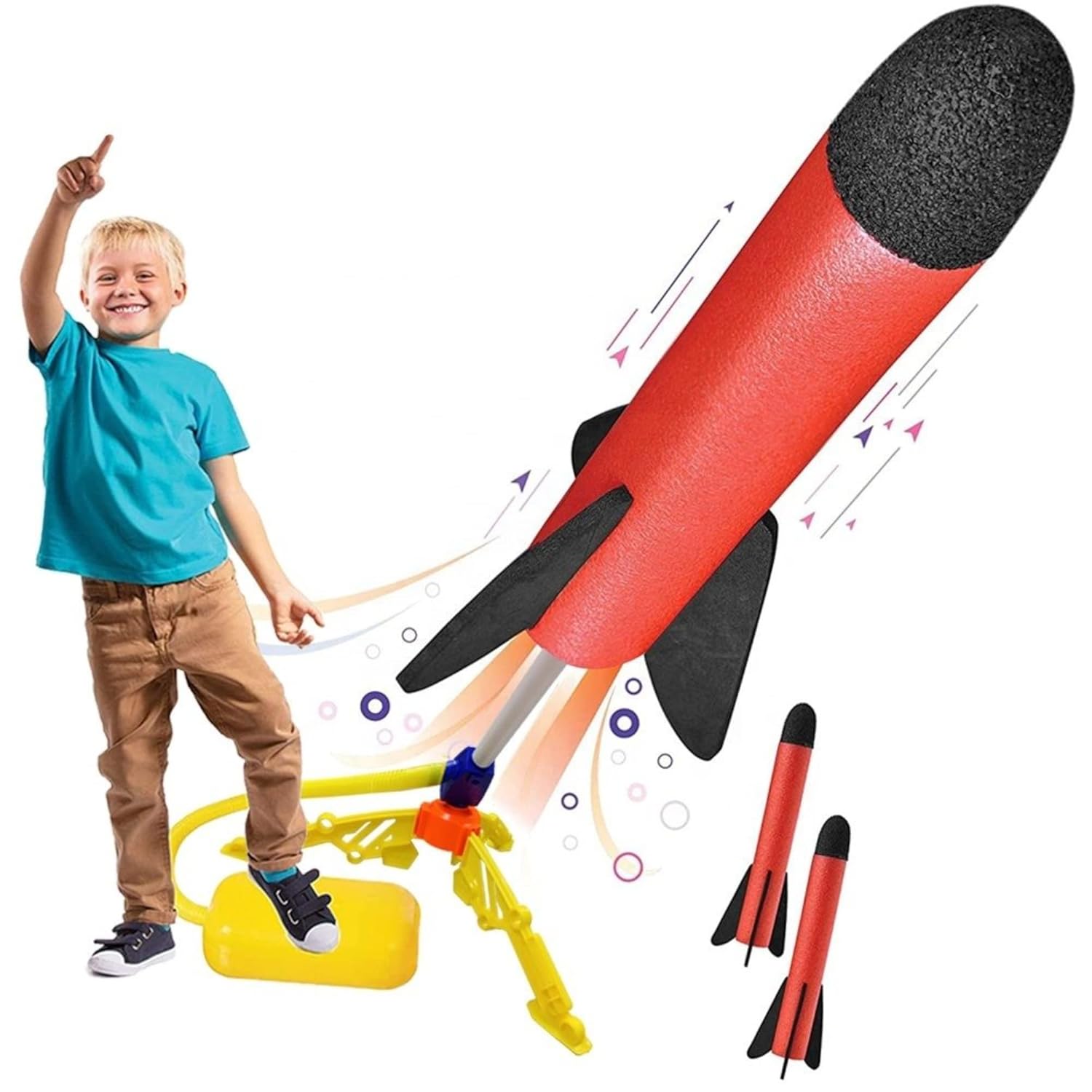 Babenator Rocket Launcher Toy for Kids 3 Colorful Foam Rockets with Sturdy Rocket Launcher Stand Fun Outdoor Toys for Kids Shoots Up to 100Feet Gift Toys for Boys and Girls Age 3+ Years Old