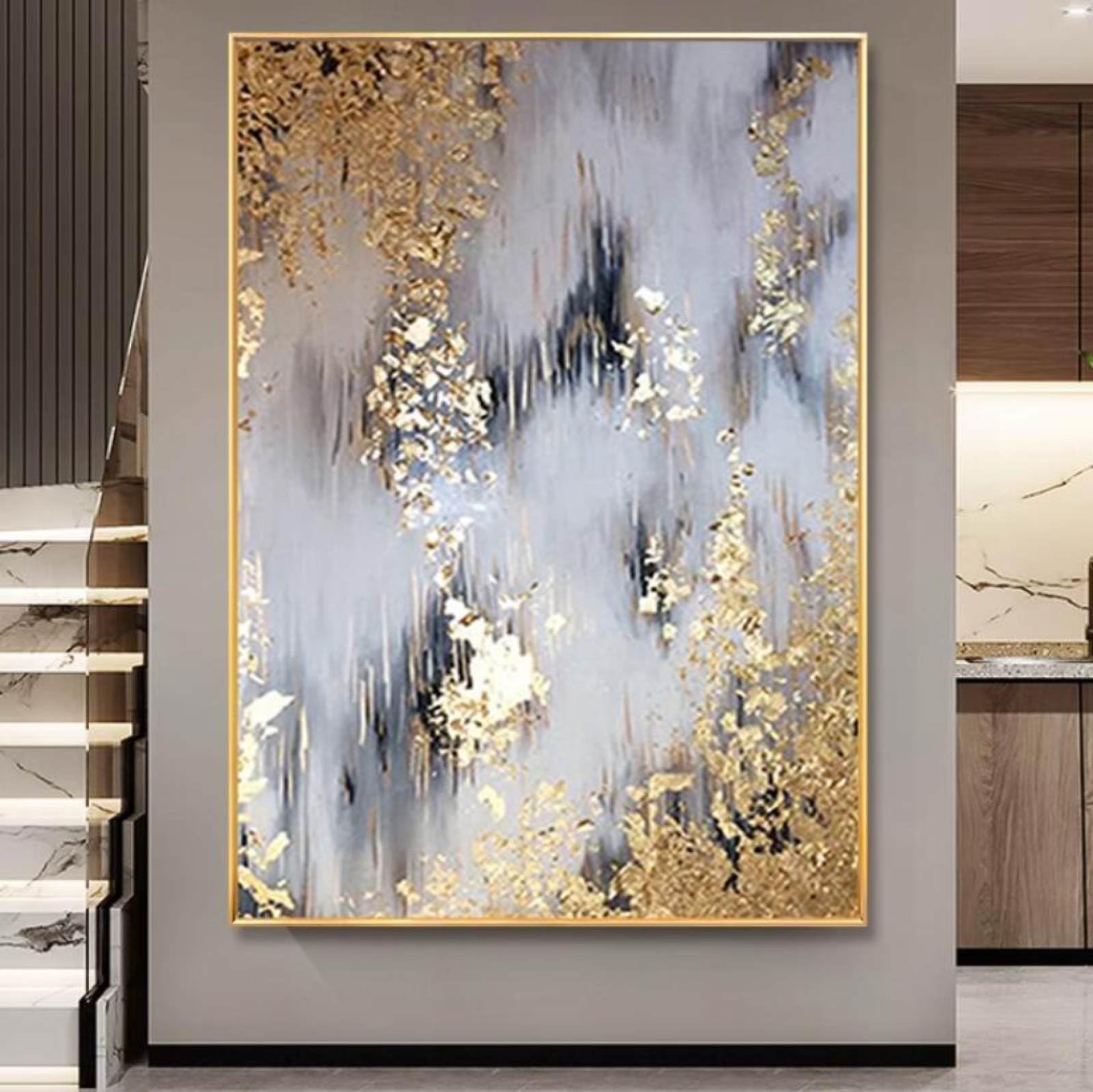 Peinture à l'huile abstraite feuille d'or contemporaine toile de grande taille