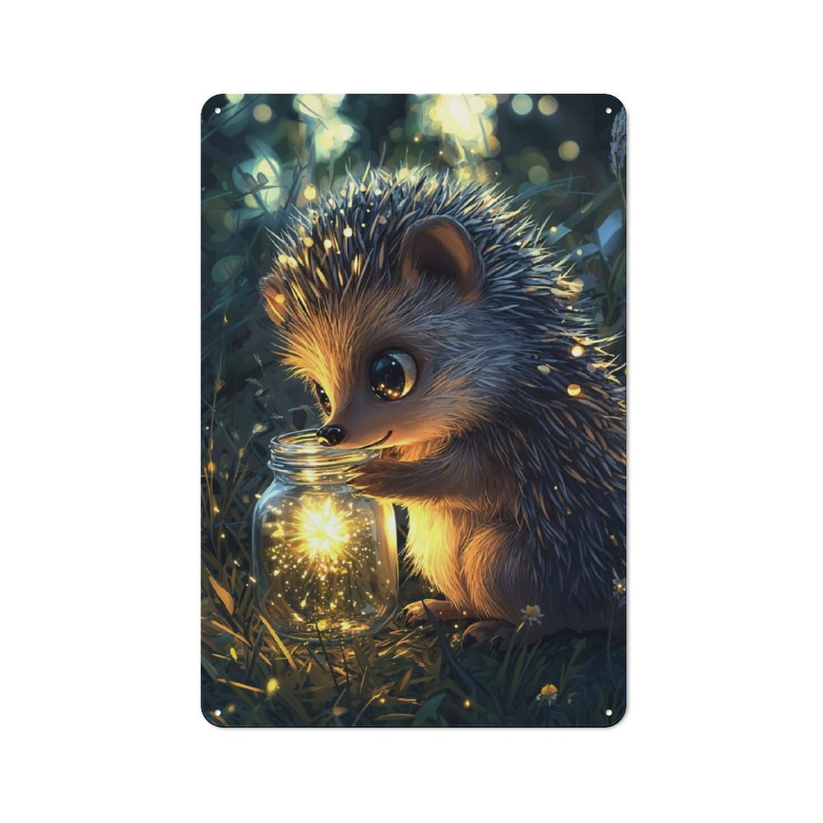 Junmoney Hedgehog With Firefly Jar Rustic Tin Sign 30X20cm For Lounge Or Reading Corner, For Vintage Wall Decor Fans, For Garage And Workshop Walls