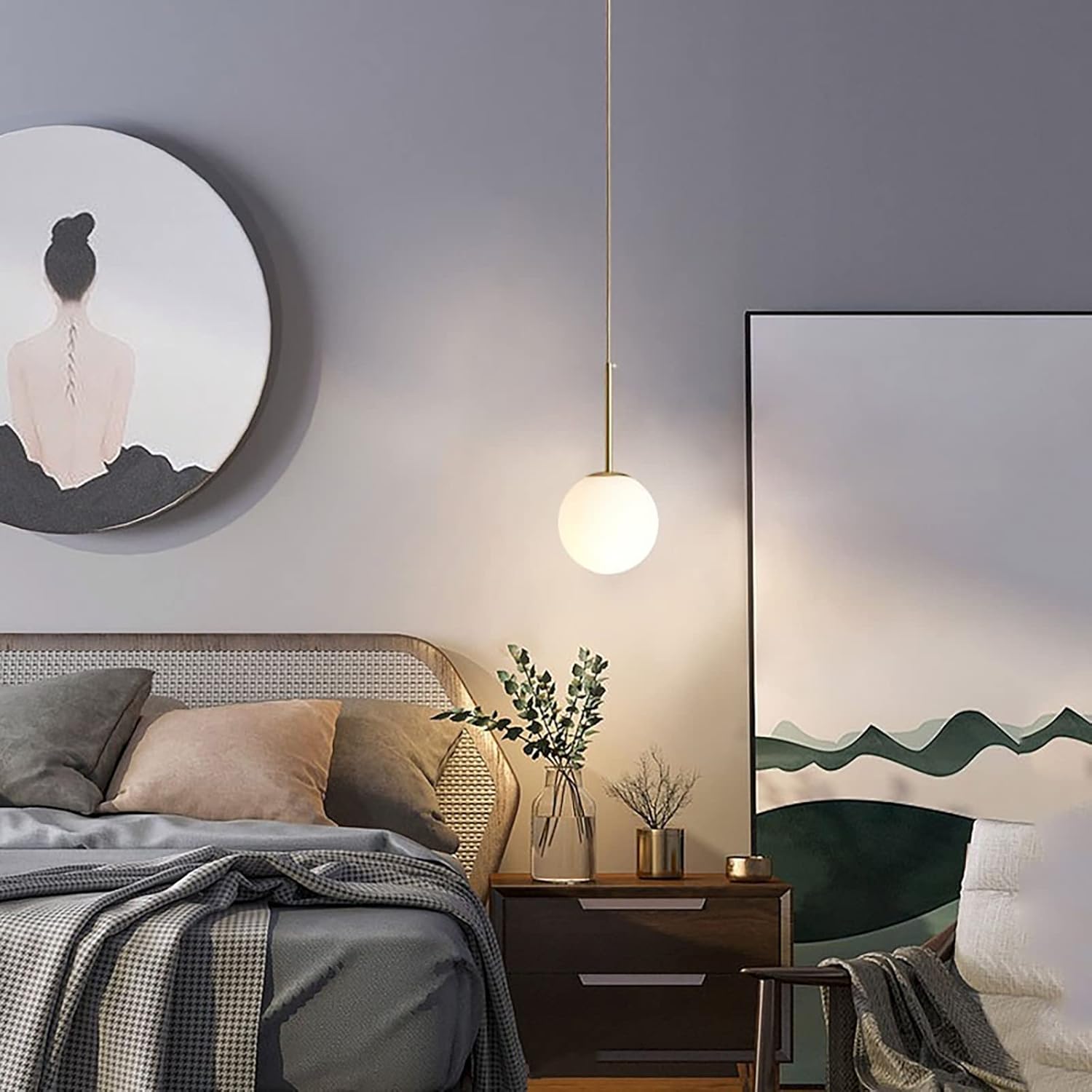 Mini Milk White Glass Globe Pendant Light Fixtures Gold Brass Finish with Gold Cable E26 5.9 Inches Glass Ball Farmhouse Pendant Ceiling Lamp (1 Light)