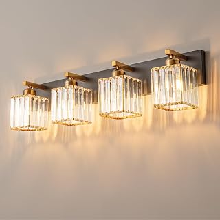 Modern Bathroom Vanity Light 4-Lights Black Gold Crystal Bathroom Wall Light Vanity Light Fixtures,28.34-inch Modern Minimalist Design