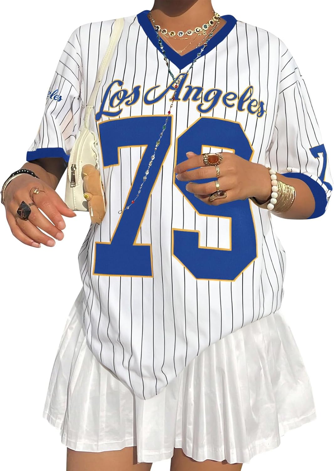 Oversized Jersey Shirts for Women V Neck Tshirt Striped Number Graphic Shirt Casual Y2k Streetwear Tee Tops