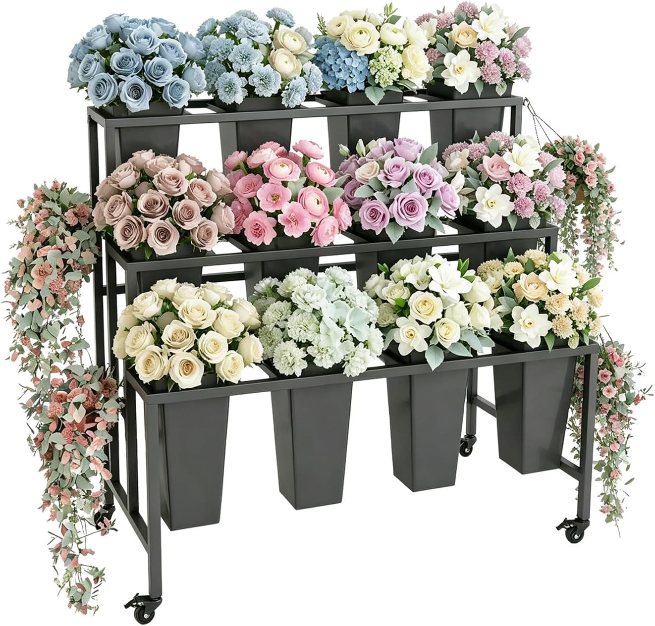 Three-layer Heavy-duty Metal Flower Bar Stand, Flower Cart Display Stand with 12 Flower Barrels and Wheels, Wedding Decoration,and Flower Shop Display