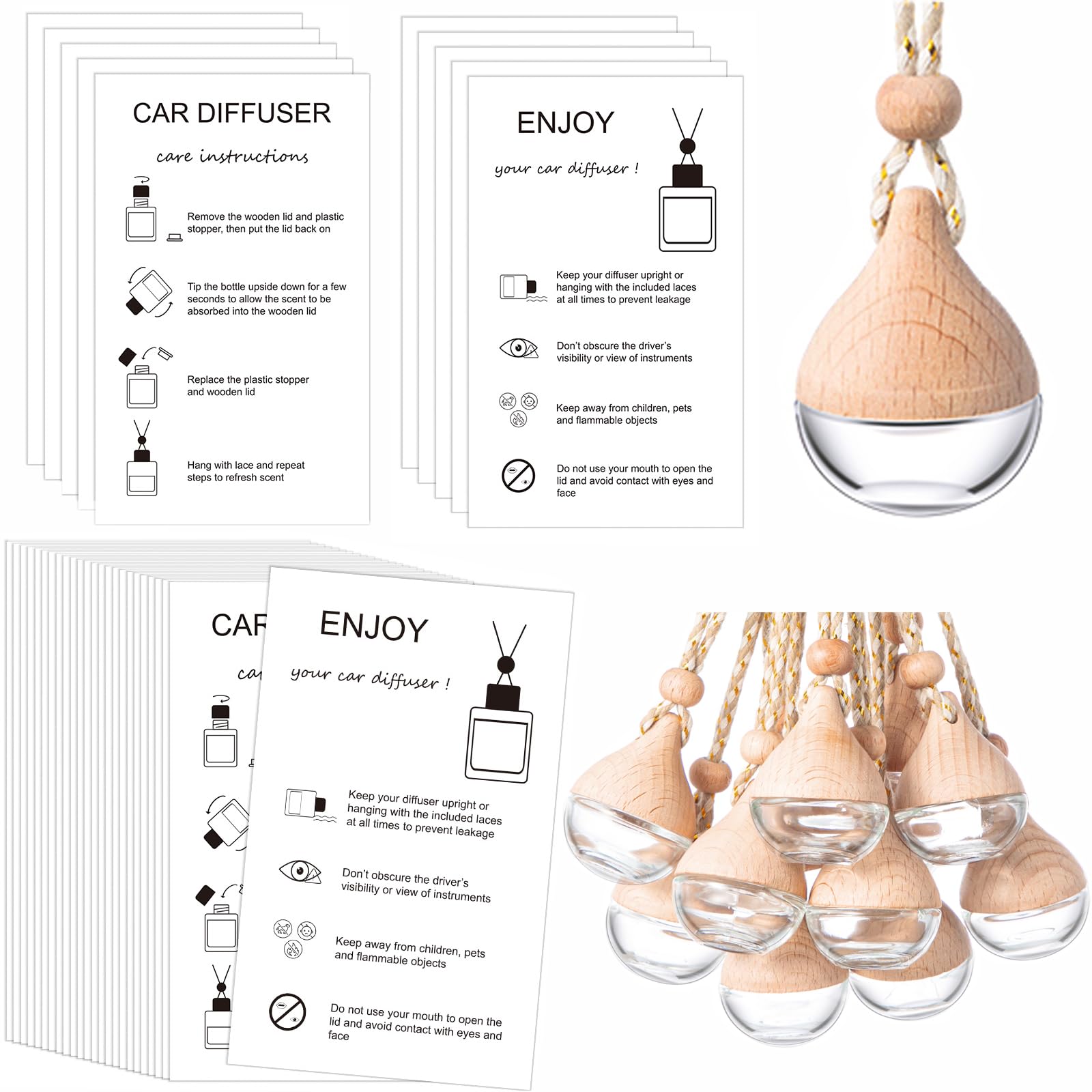 Boao 50 Sets Hanging Car Air Freshener Diffuser Bottles with 2 x 3.54 Inch Car Diffuser Instructions Cards for Empty Essential Oil Bottles(White Card,