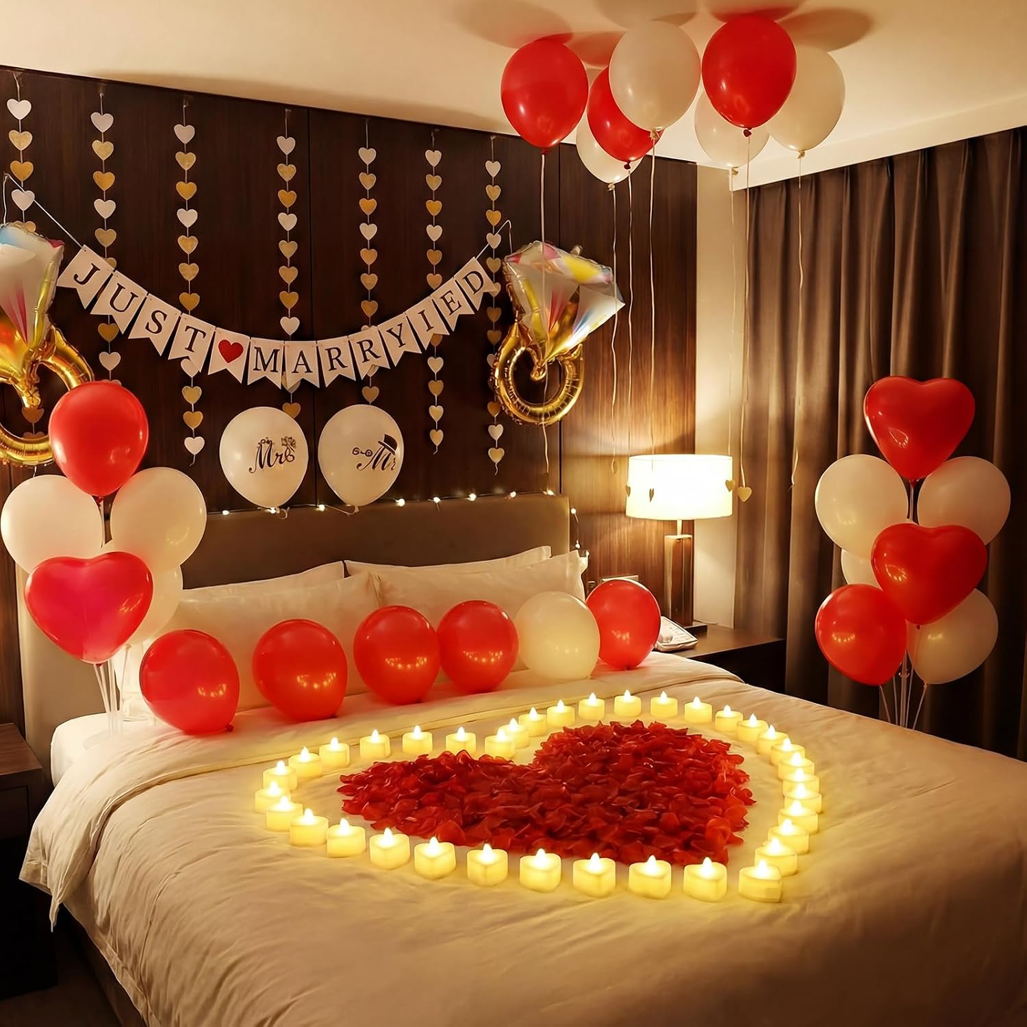 Just Married Party Decorations Heart Garland Just Married Banner Sign Red White Balloon Artificial Rose Petals Heart Tea Light Candles Diamond Ring Aluminum Balloon for Wedding Marriage Party