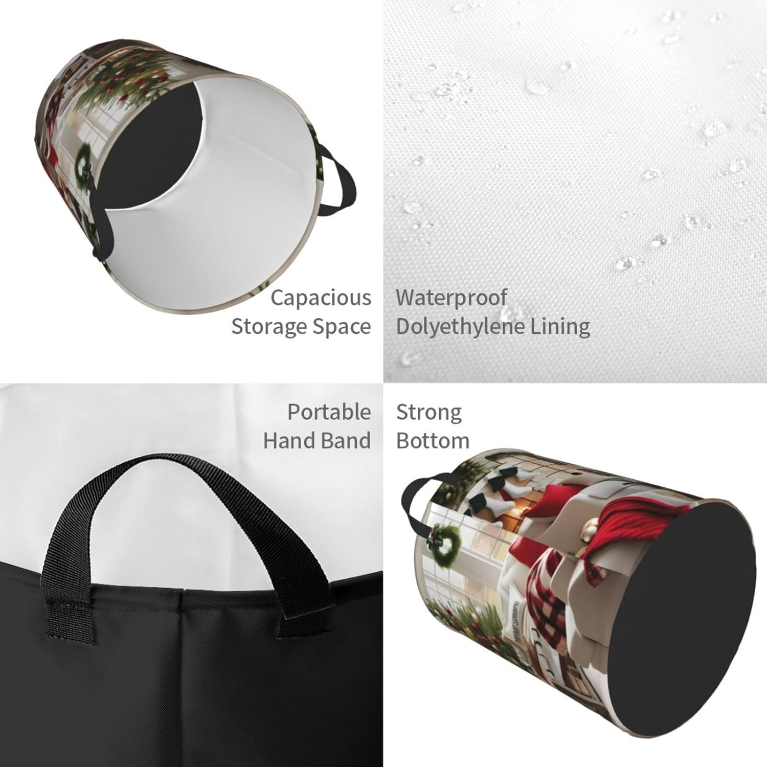 Farmhouse Christmas Round Waterproof Oxford Fabric Large Clothes Basket Laundry Hamper With Handles,Toy Storage