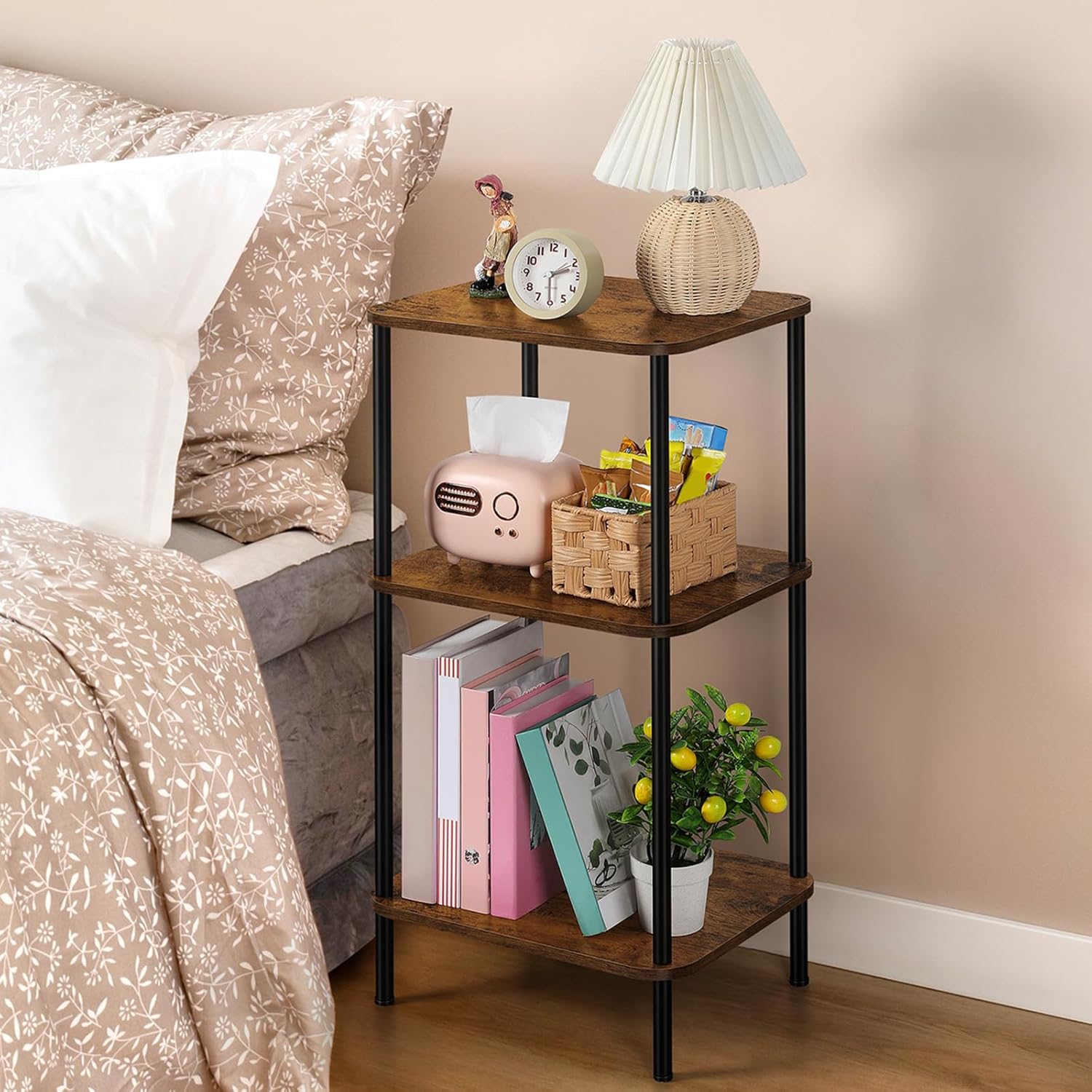 smusei Small End Table Stand 3 Tier Telephone Table Tall End Table 30 Inches High with Storage Shelves Bed Side Table Living Room Nightstand for Bedroom, Office, Sofa Couch, Rustic Brown