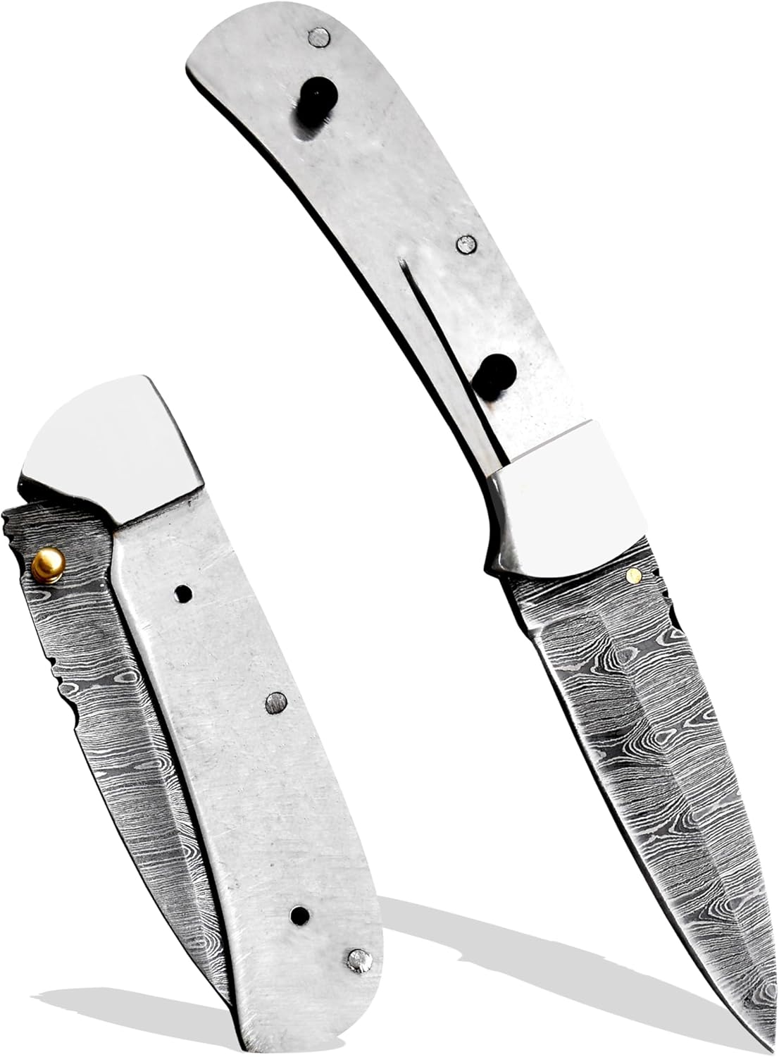 Damascus Steel Knife Blank Blade Pocket Folding Blade, Knife Making Kit, Walnut Scale, Leather sheath, Screws, Fiber Sheets, Edge Sharpner, Mossaic Pin, Kives for Camping, Bushcraft, Hiking, Outdoor (FKK-01)