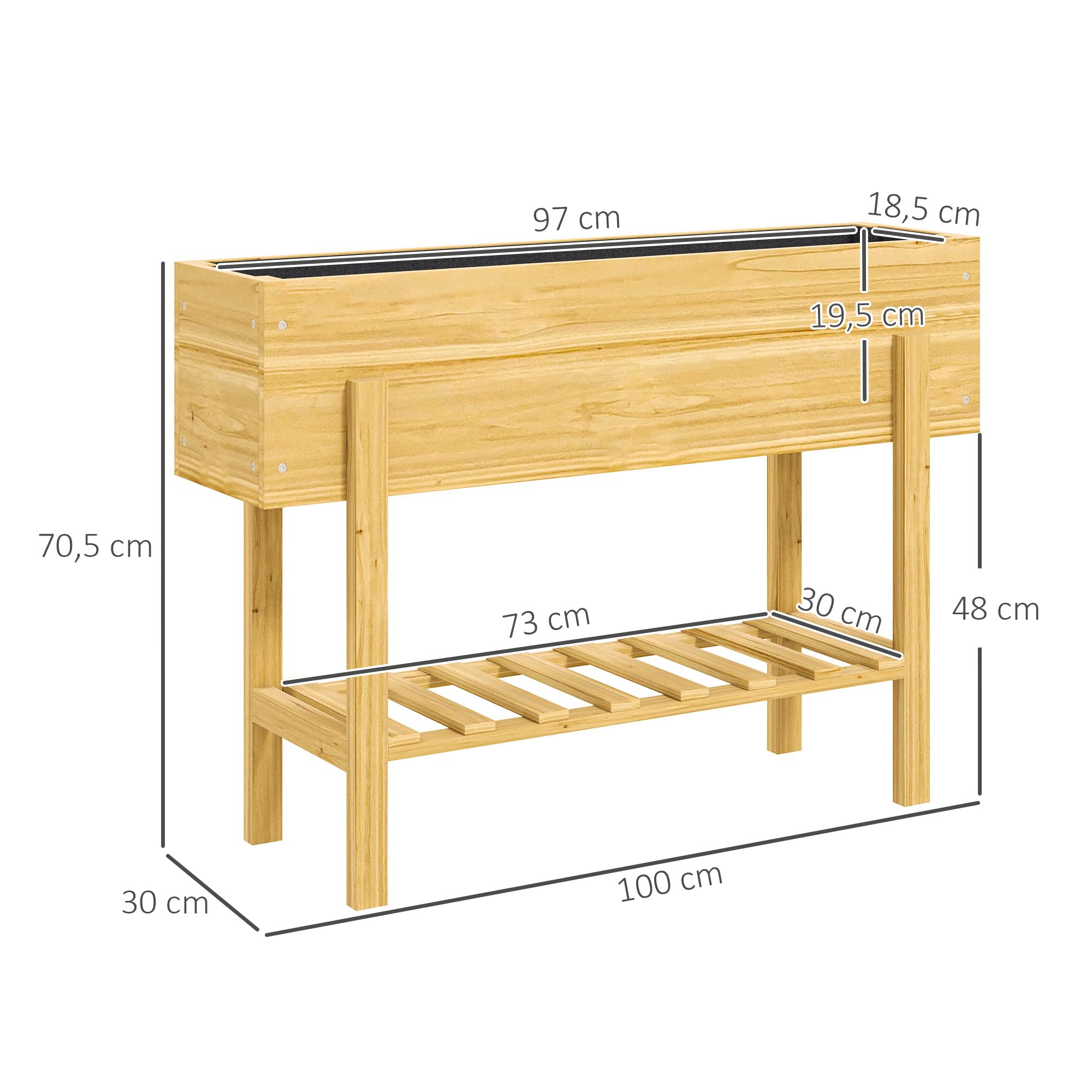 Outsunny Jardinière sur Pieds Potager 100 x 30 x 70,5 cm Bois Naturel | Carré Potager De Jardin Sur Pieds, 2 Trous De Drainage, En Bois, pour Fleurs Herbes Légumes