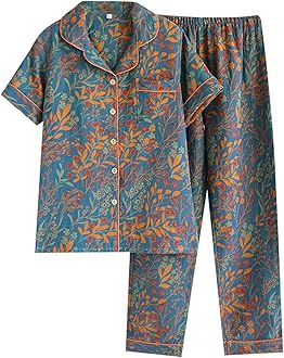 Vintage Leaf Cotton Lapel Loungewear Set,Colorful Floral Long Sleeve Trousers Cardigan,Women's Pajama Two Piece Set