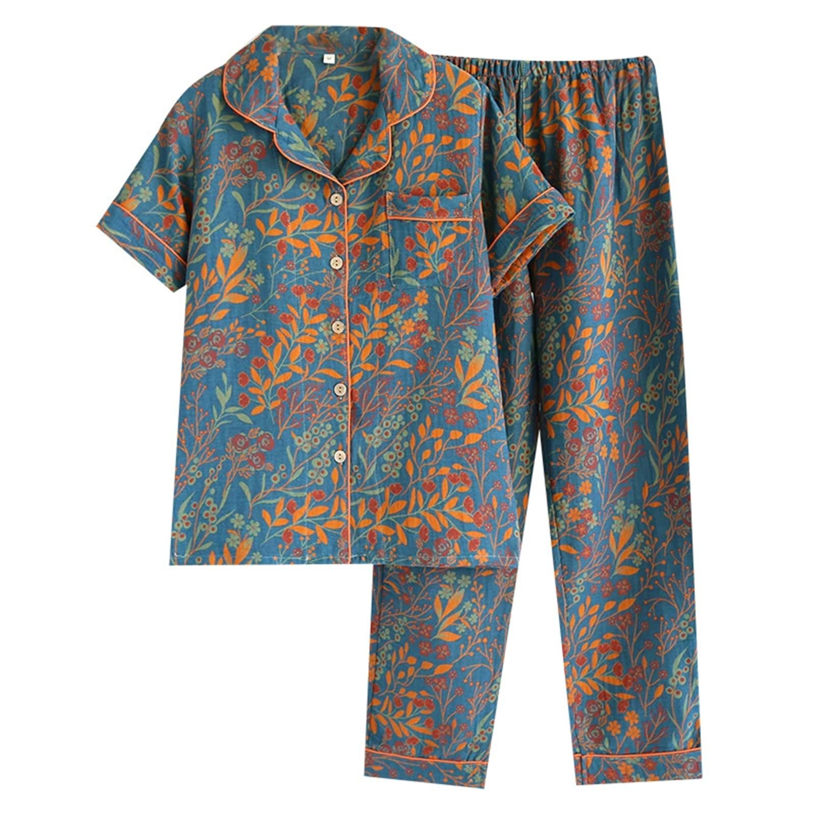 Vintage Leaf Cotton Lapel Loungewear Set,Colorful Floral Long Sleeve Trousers Cardigan,Women's Pajama Two Piece Set